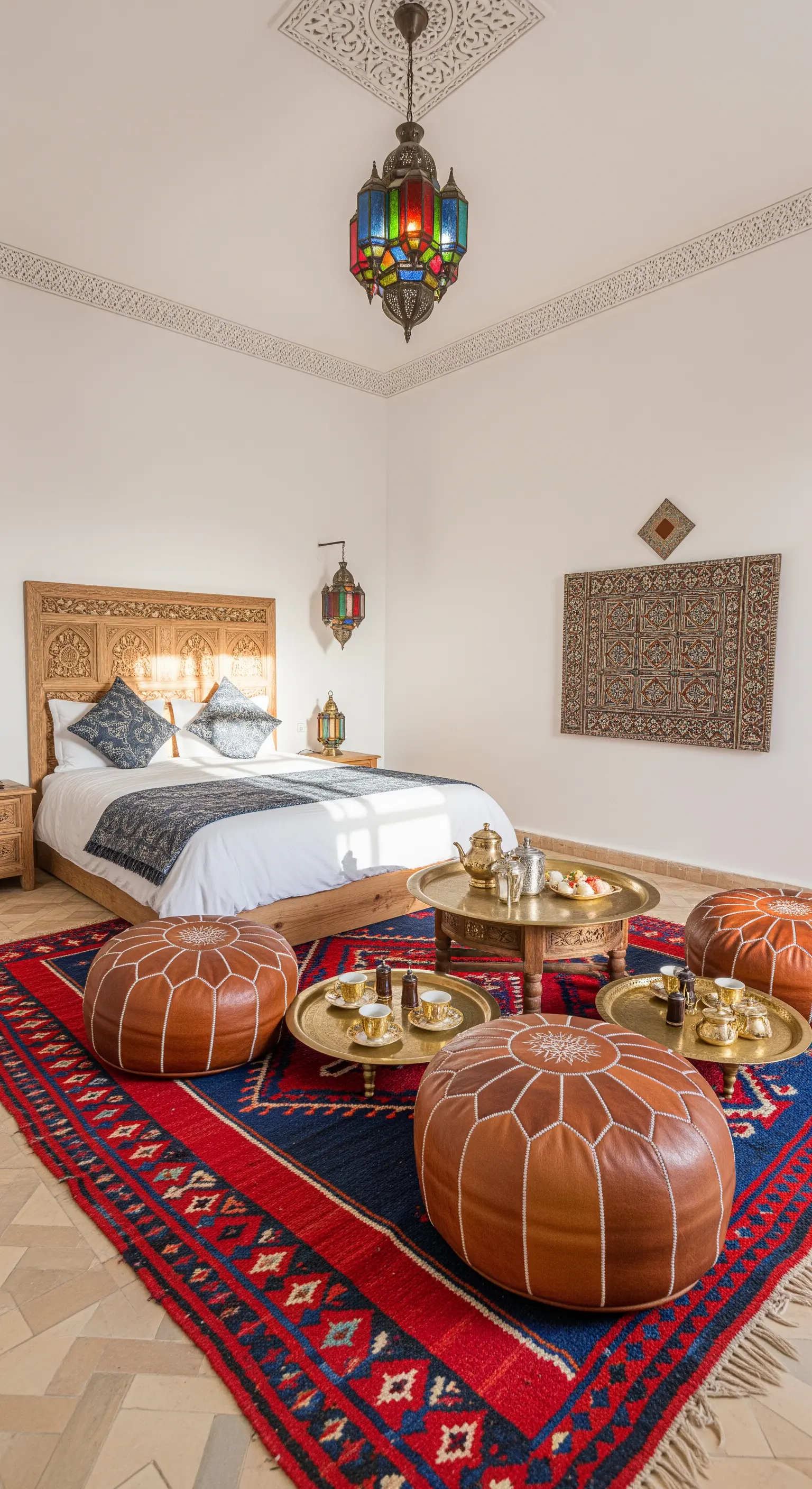 Schlafzimmer im marokkanischen Stil mit bunten Laternen, niedrigen Tischen und gemusterten Teppichen