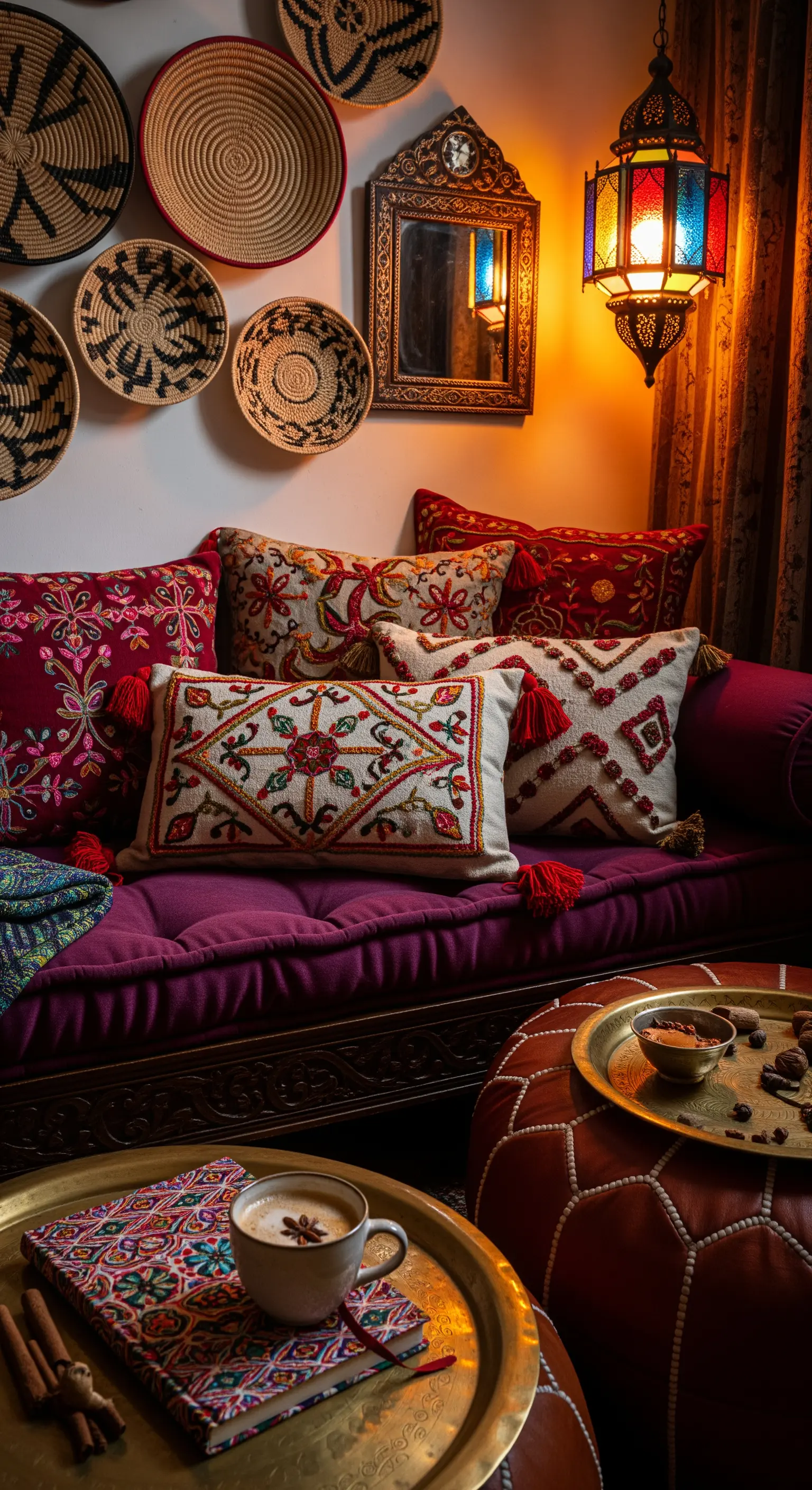 Orientalische Sitzecke mit purpurfarbenem Sofa, bestickten Kissen und marokkanischer Laterne.