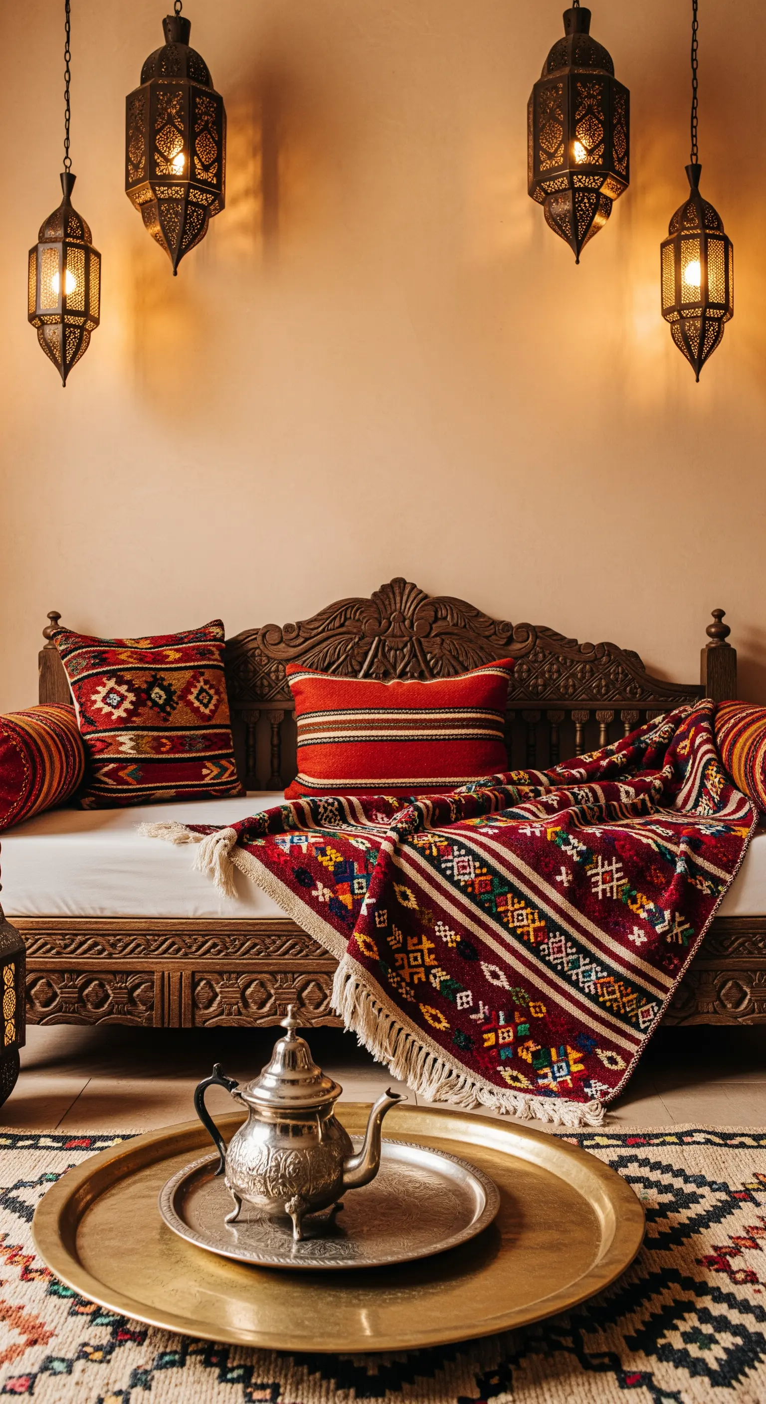 Geschnitztes Holzbett mit bunten Kelim-Kissen und orientalischen Laternen.