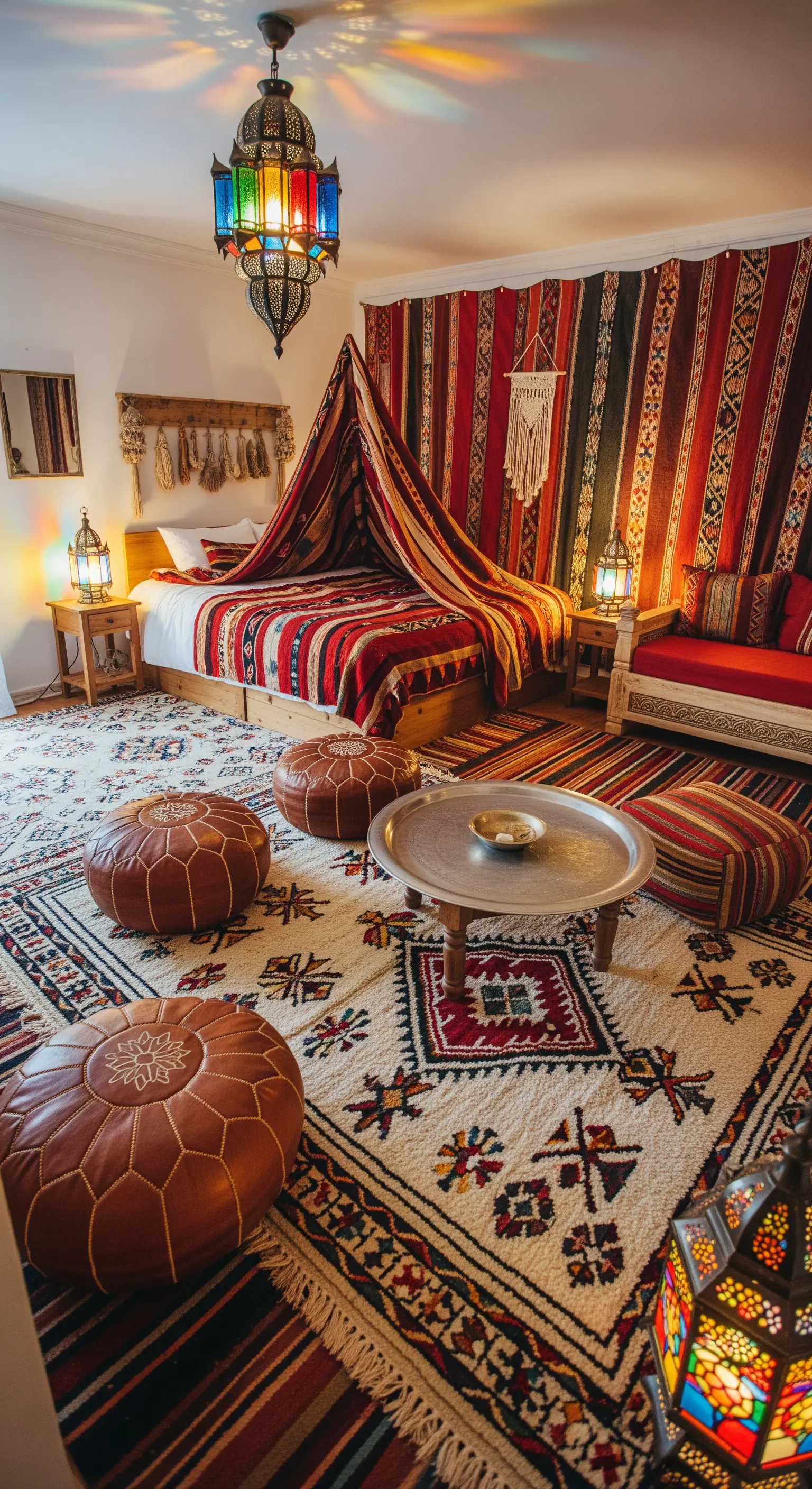 Marokkanisch eingerichtetes Boho-Studio mit roten Textilien und Lederpoufs.