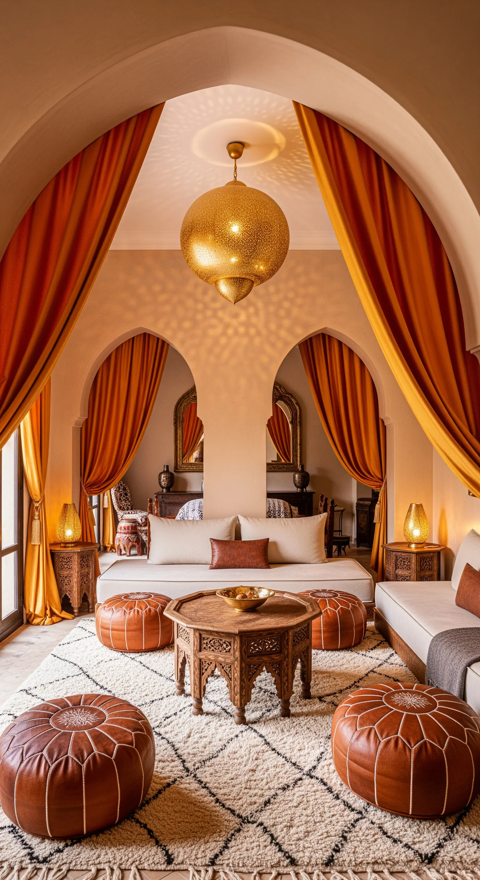 Marokkanisches Wohnzimmer mit orangefarbenen Vorhängen in Torbögen und Lederpoufs.