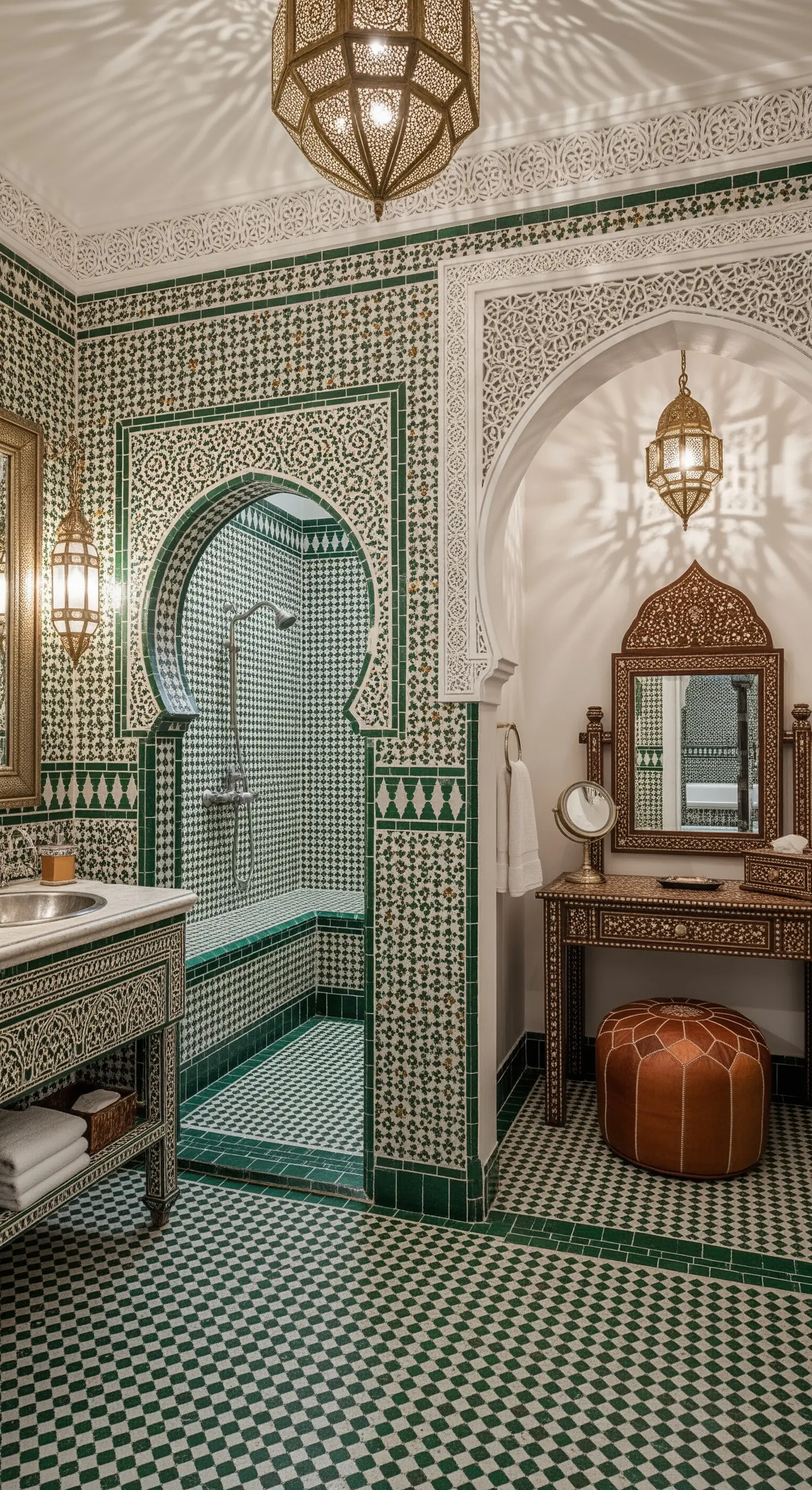 Marokkanisches Badezimmer mit grünen Mosaikfliesen und einem orientalischen Schminktisch