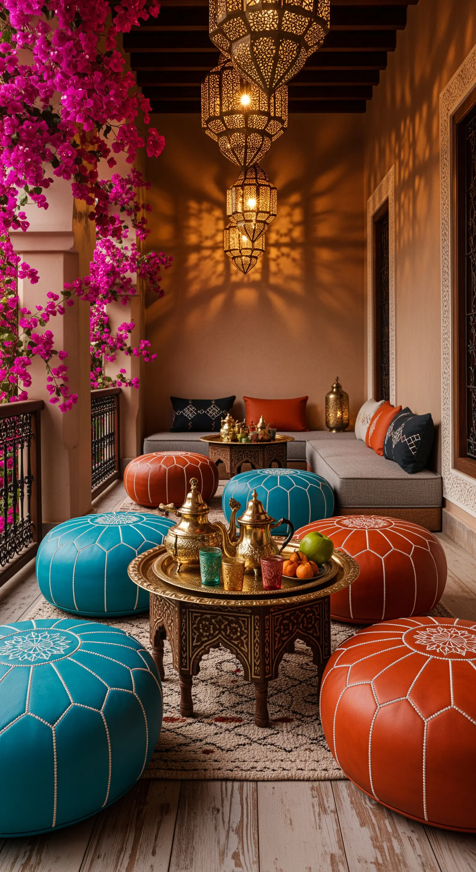 Marokkanischer Balkon mit Poufs, Messingtischen, Laternen, Bougainvillea