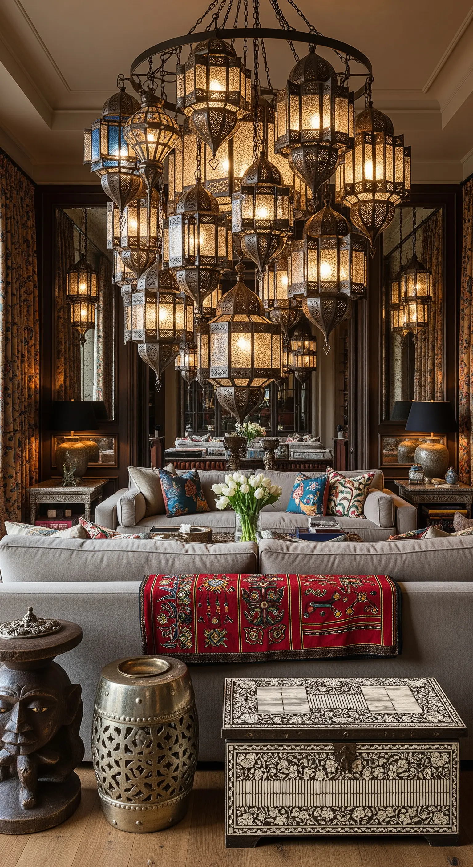 Großer Kronleuchter aus einem Bündel vieler marokkanischer Metall-Laternen.