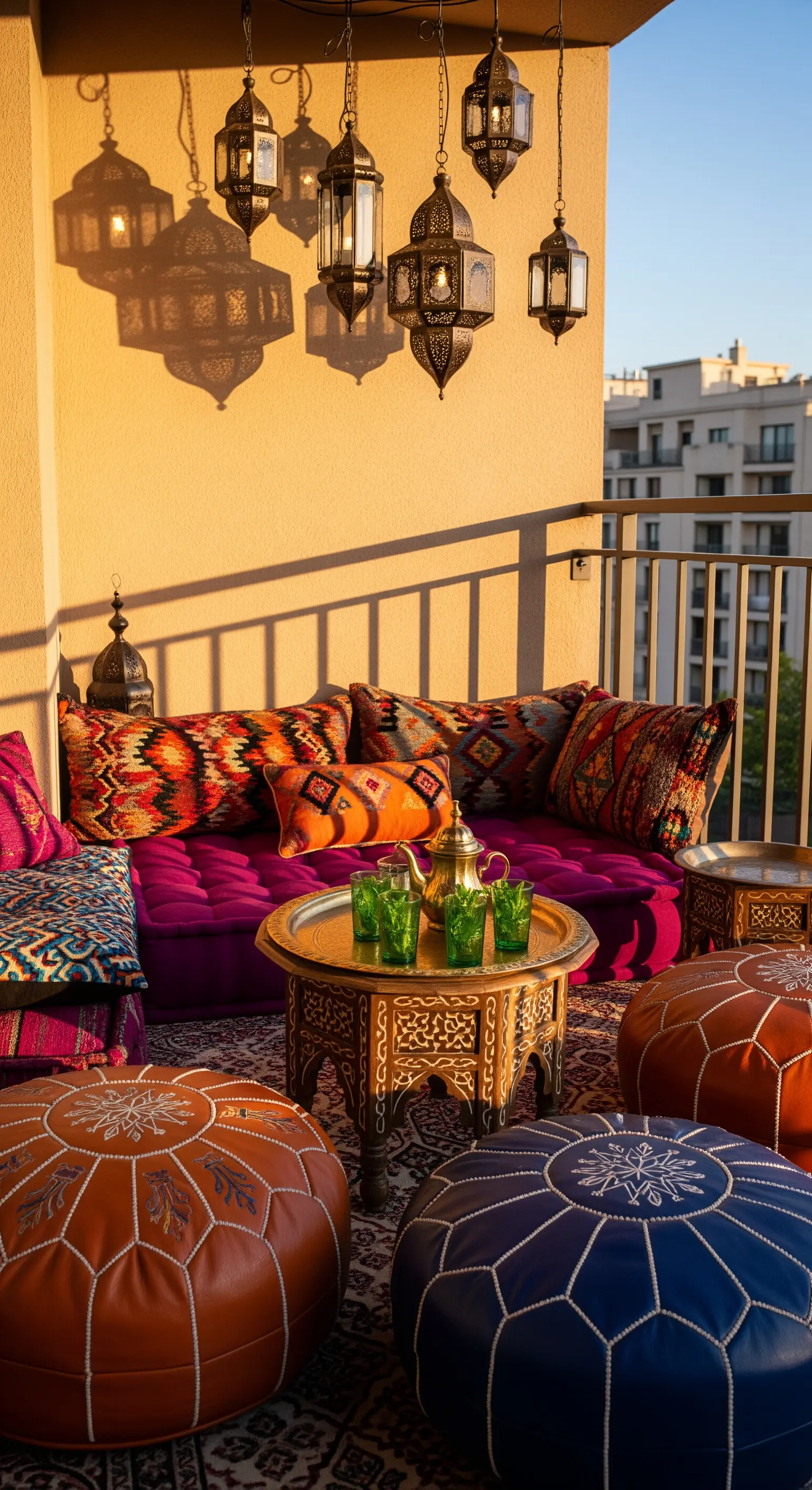 Marokkanisch inspirierter Balkon mit bunten Kissen, Lederpoufs und orientalischen Laternen.