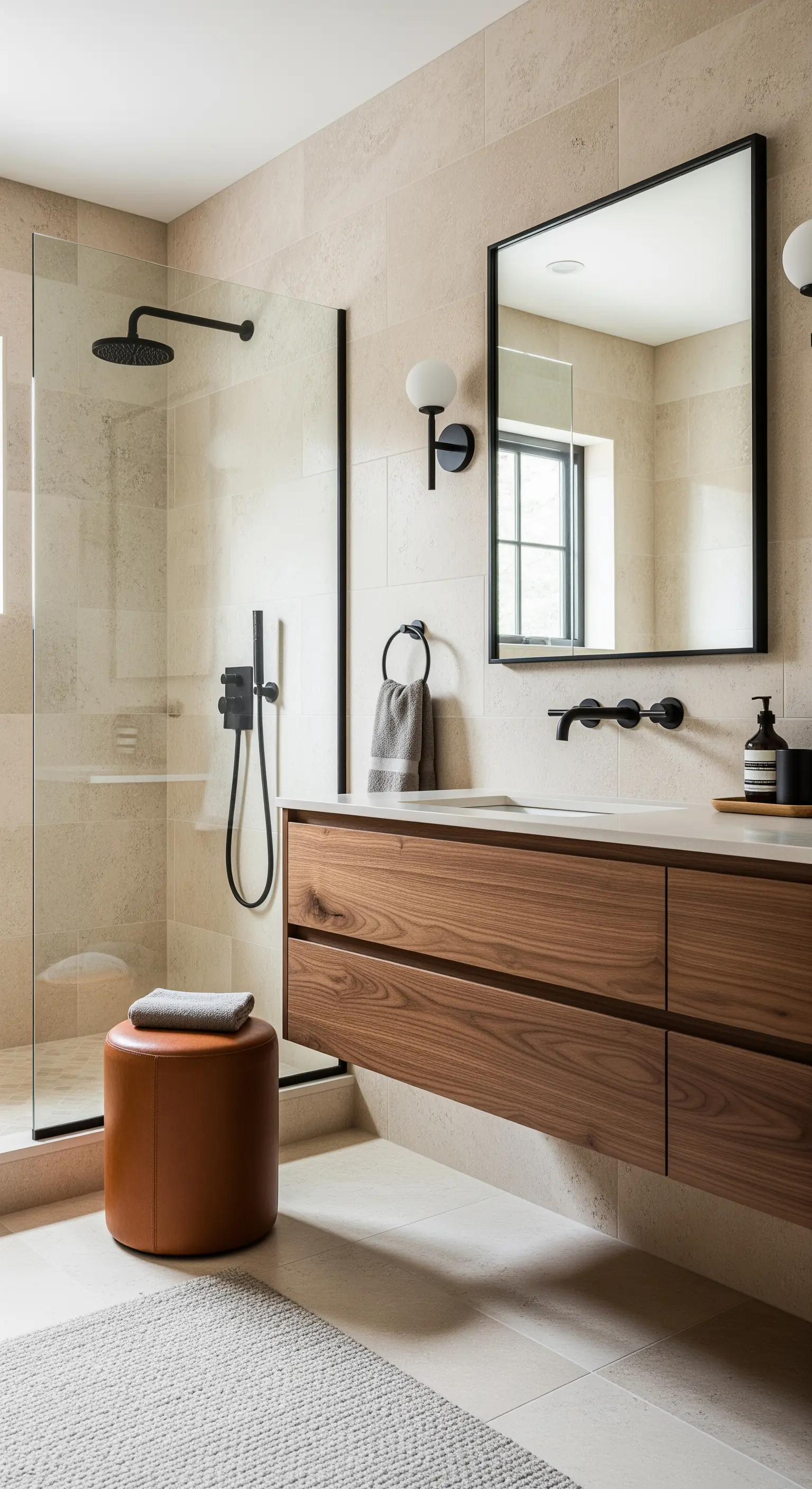 Moderner Waschtisch aus Walnussholz mit schwarzen Armaturen und einem runden Hocker aus braunem Leder.