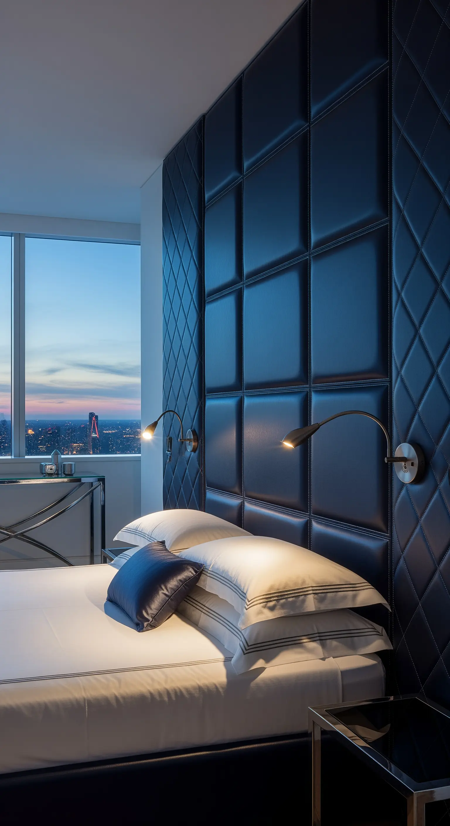 Dunkelblaue Leder-Wandpaneele mit quadratischer und rautenförmiger Steppung in einem City-Apartment.