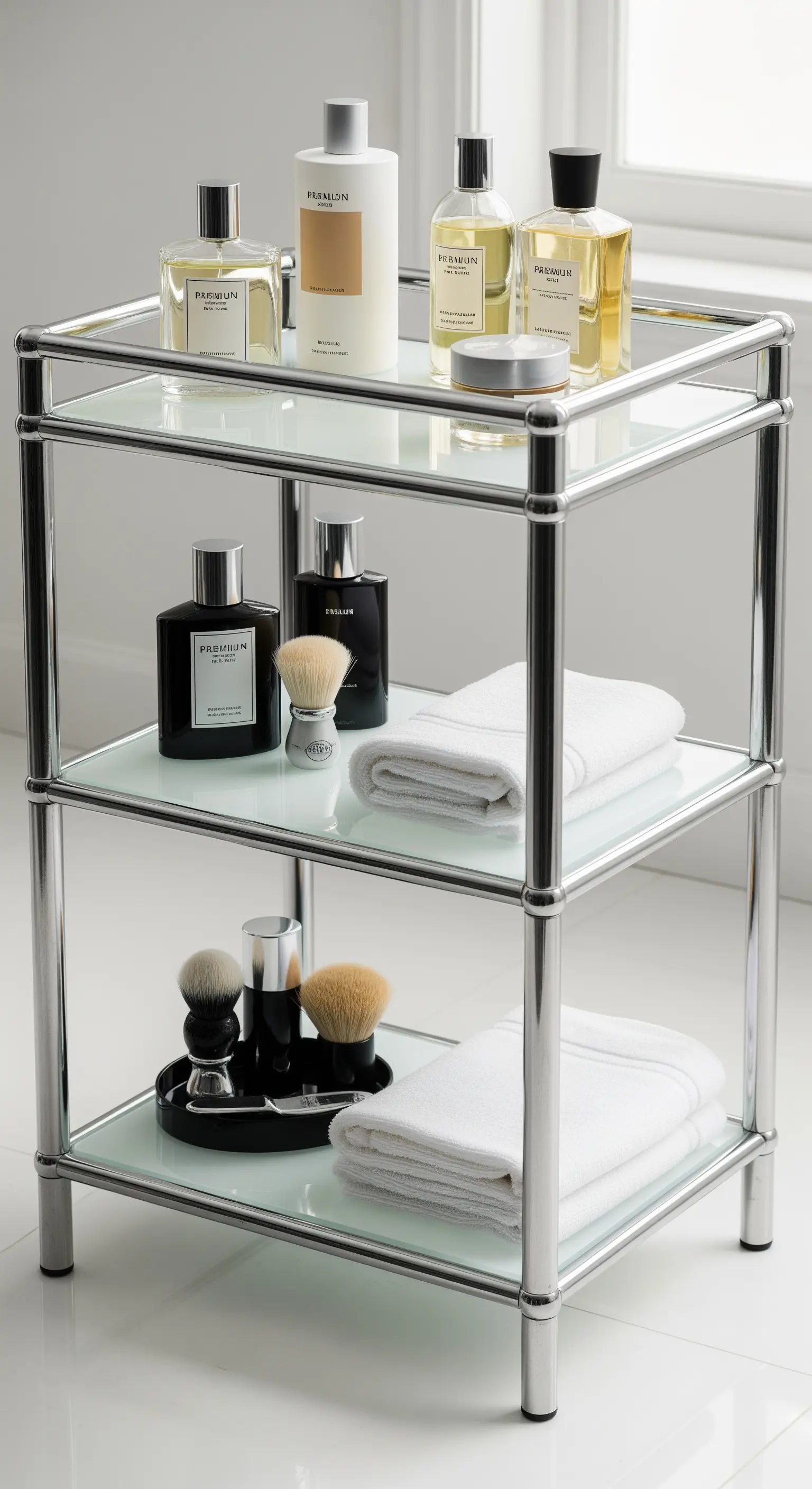 Moderne dreistöckige Etagere aus Chrom und Glas im Badezimmer, bestückt mit Herren-Pflegeprodukten.