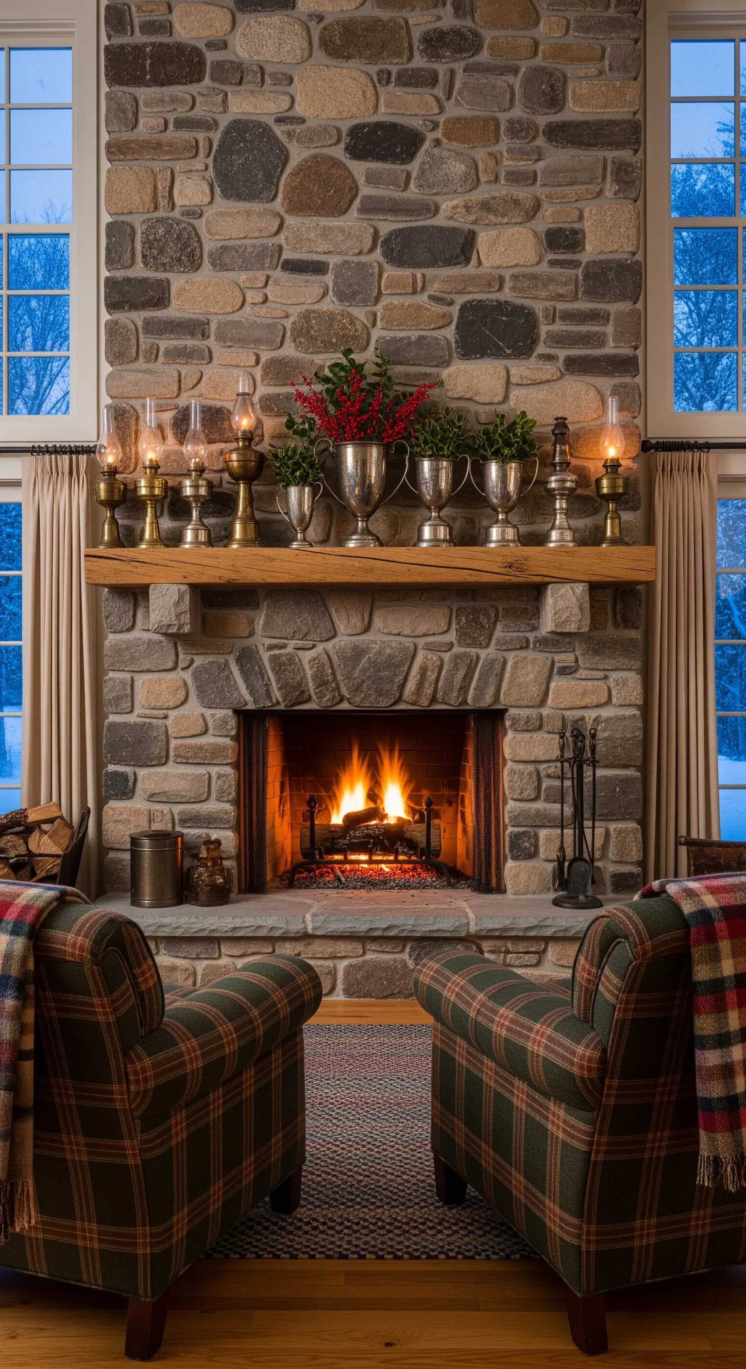 Vintage-Zinnvasen auf Steinkamin, umrahmt von Karosesseln