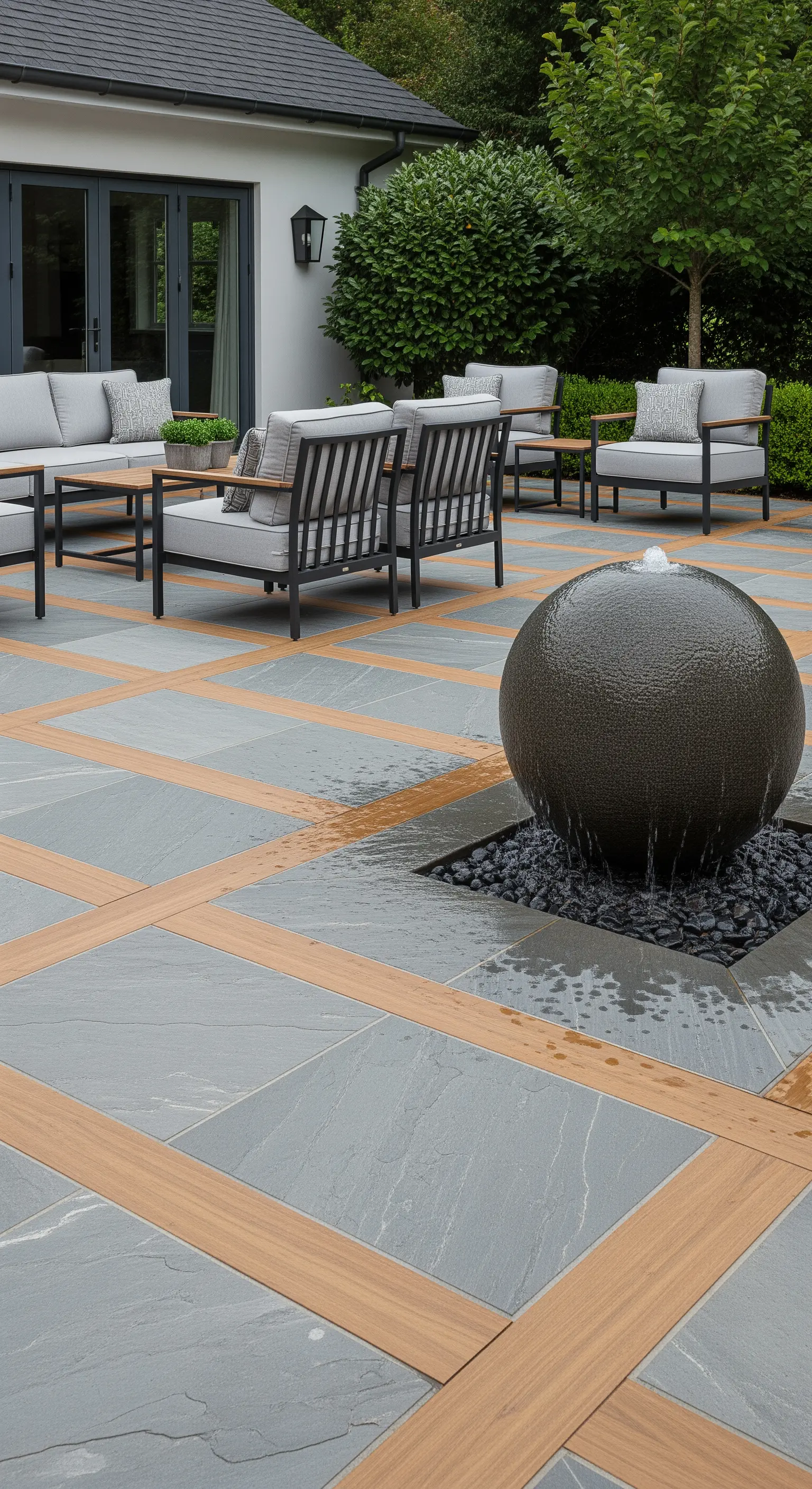 Moderne Terrasse mit grauen Steinplatten, Holzeinlagen und einem dunklen Kugelbrunnen.