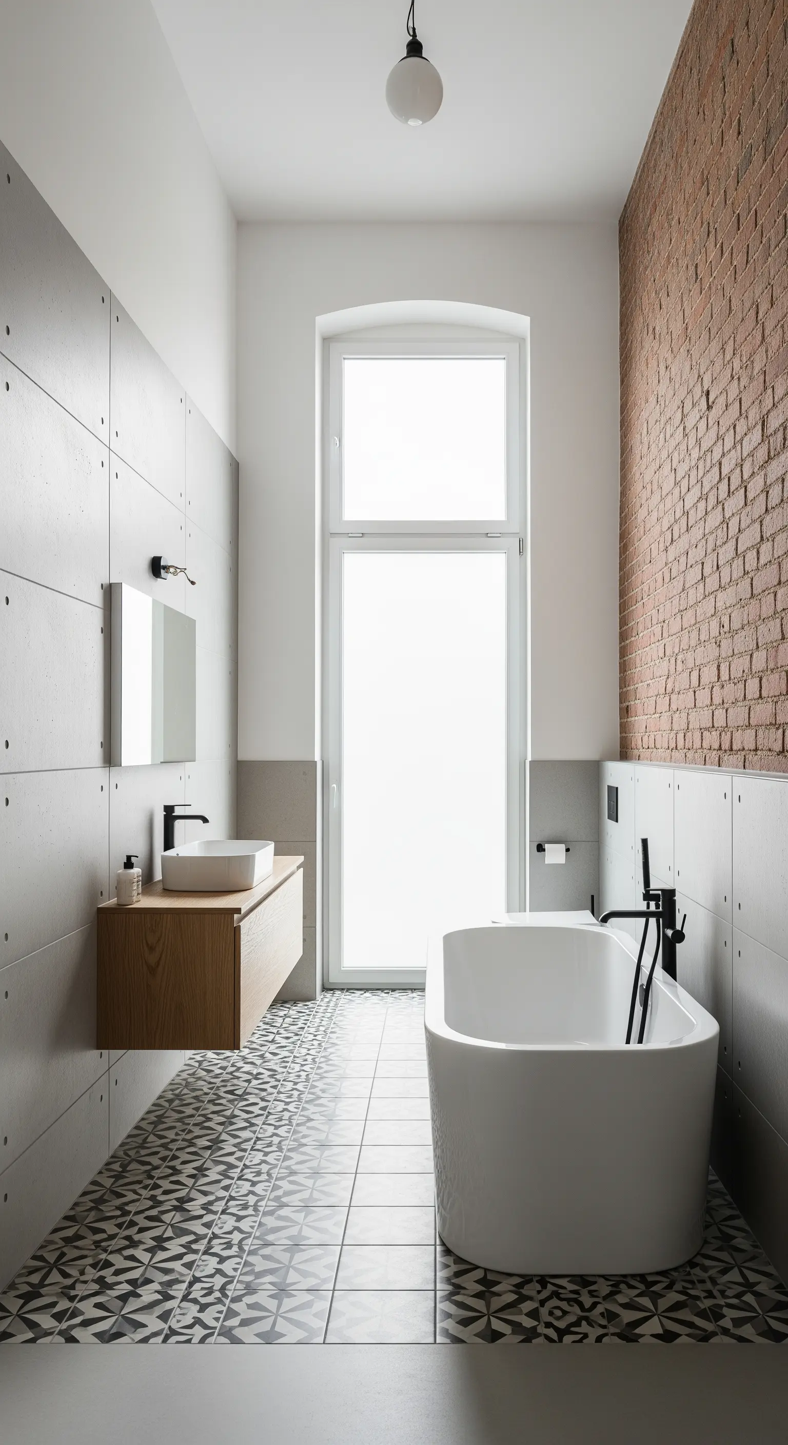 Modernes Badezimmer mit Backsteinwand, Betonplatten und gemusterten Bodenfliesen.