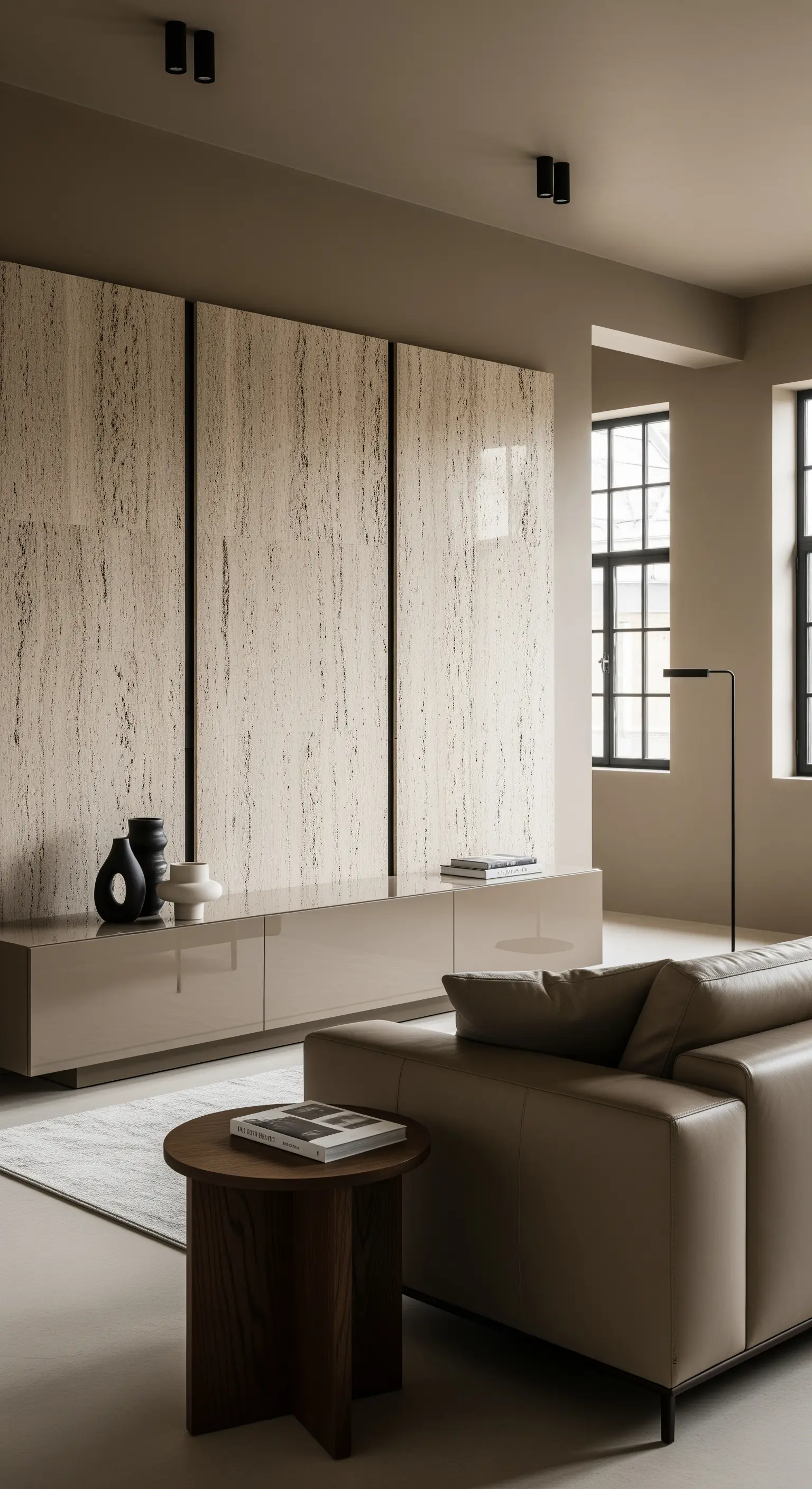 Hochglanz-Sideboard in Beige kombiniert mit großen Schrankfronten in einer rauen Travertin-Optik.