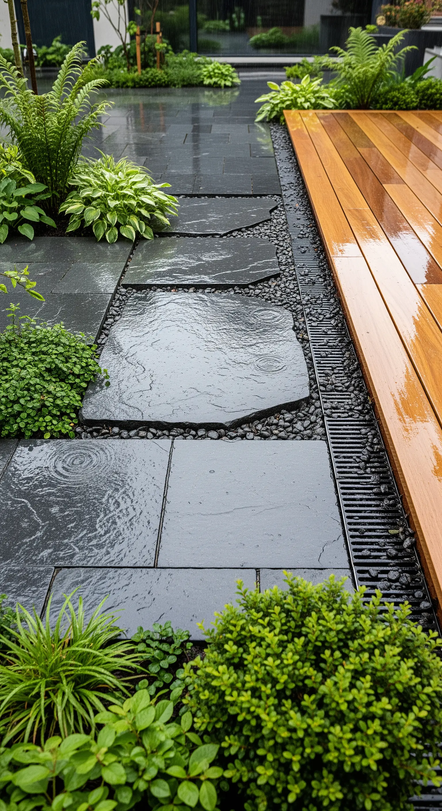 Japandi Garten mit dunklen Schieferplatten, Holzdeck und Grünpflanzen