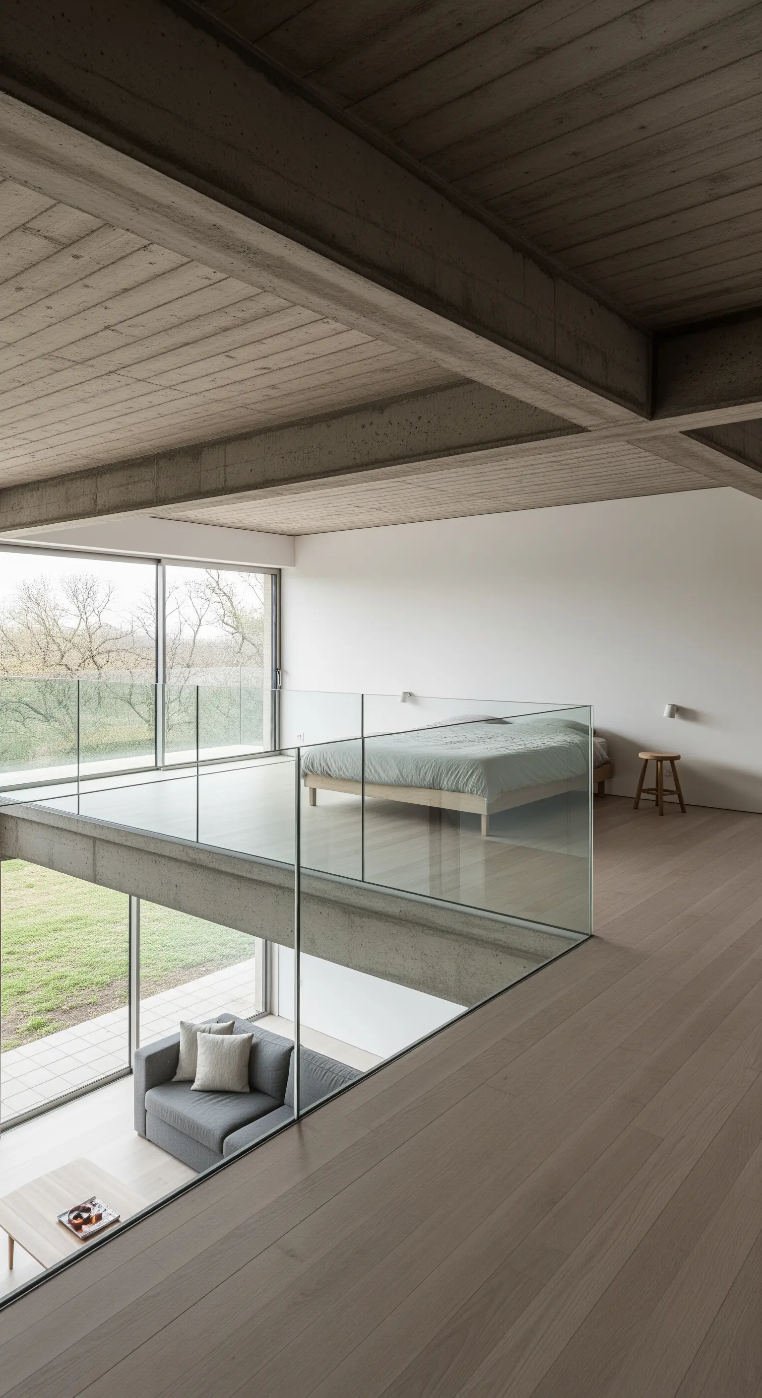 Offener Loft-Raum mit Betonboden unten und Holzboden auf der Schlafgalerie.