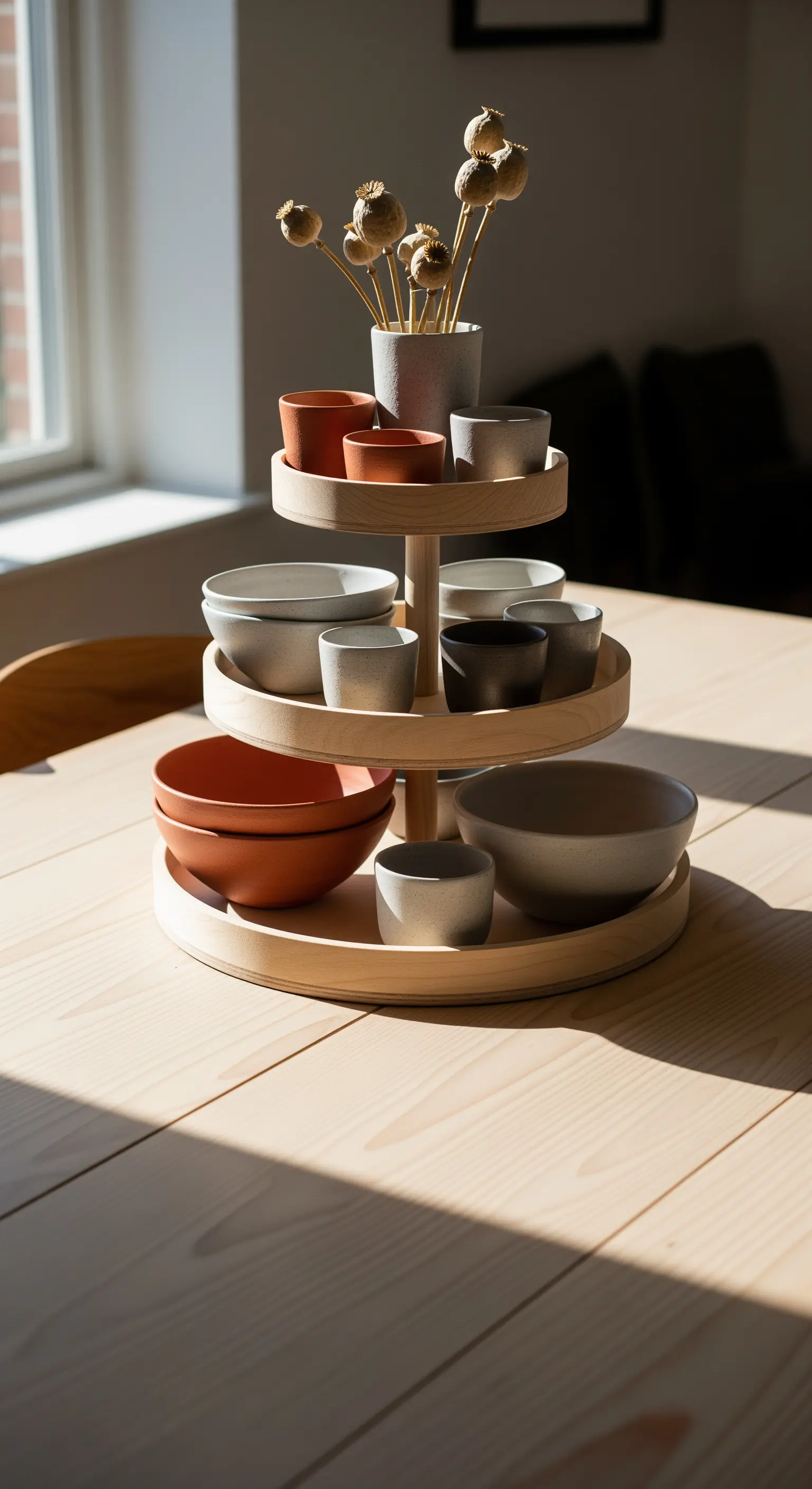 Helle Holz-Etagere mit matten Keramikschalen und Mohn