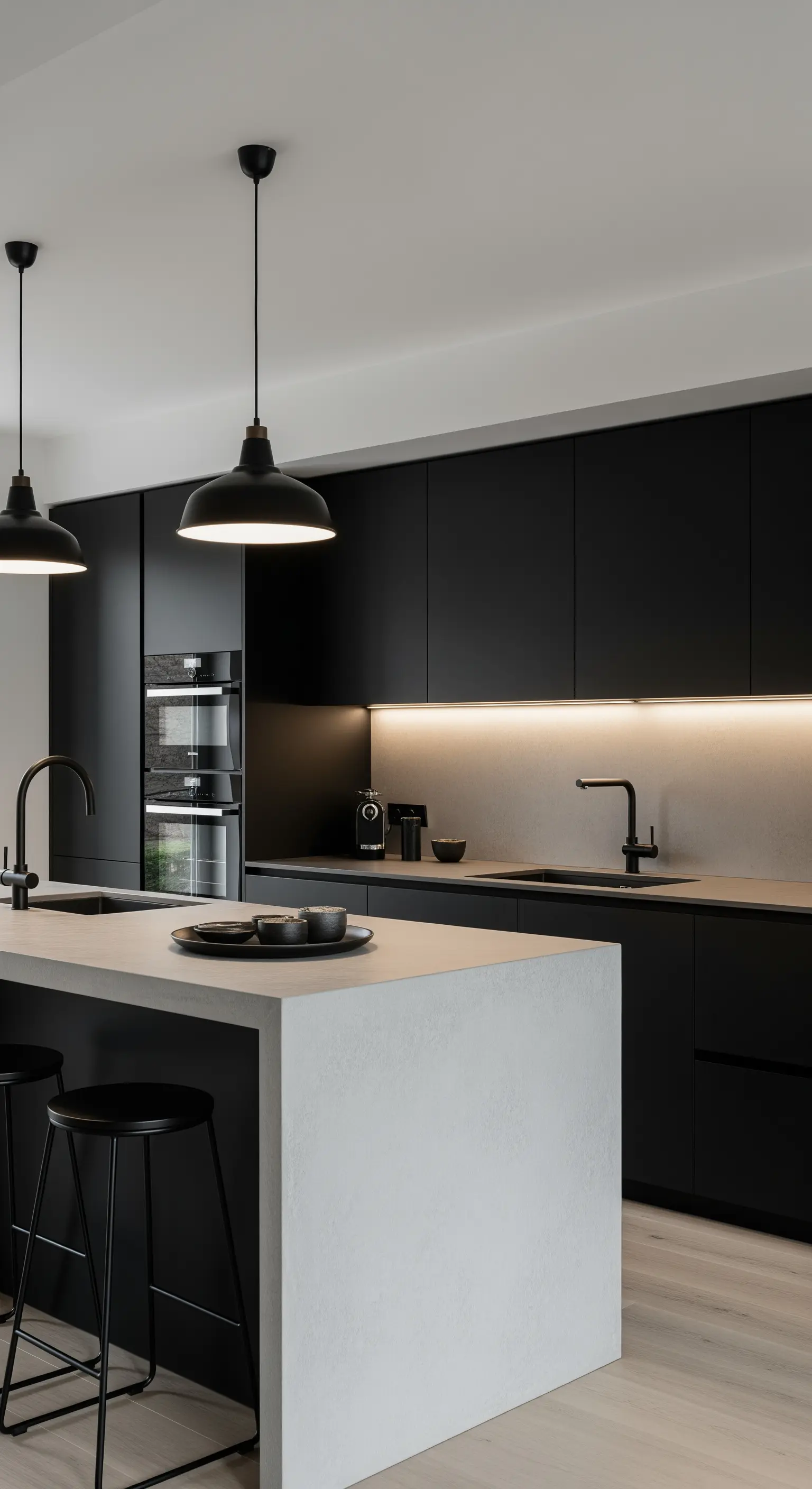 Moderne mattschwarze Küche mit heller Beton-Kochinsel und Hängeleuchten.