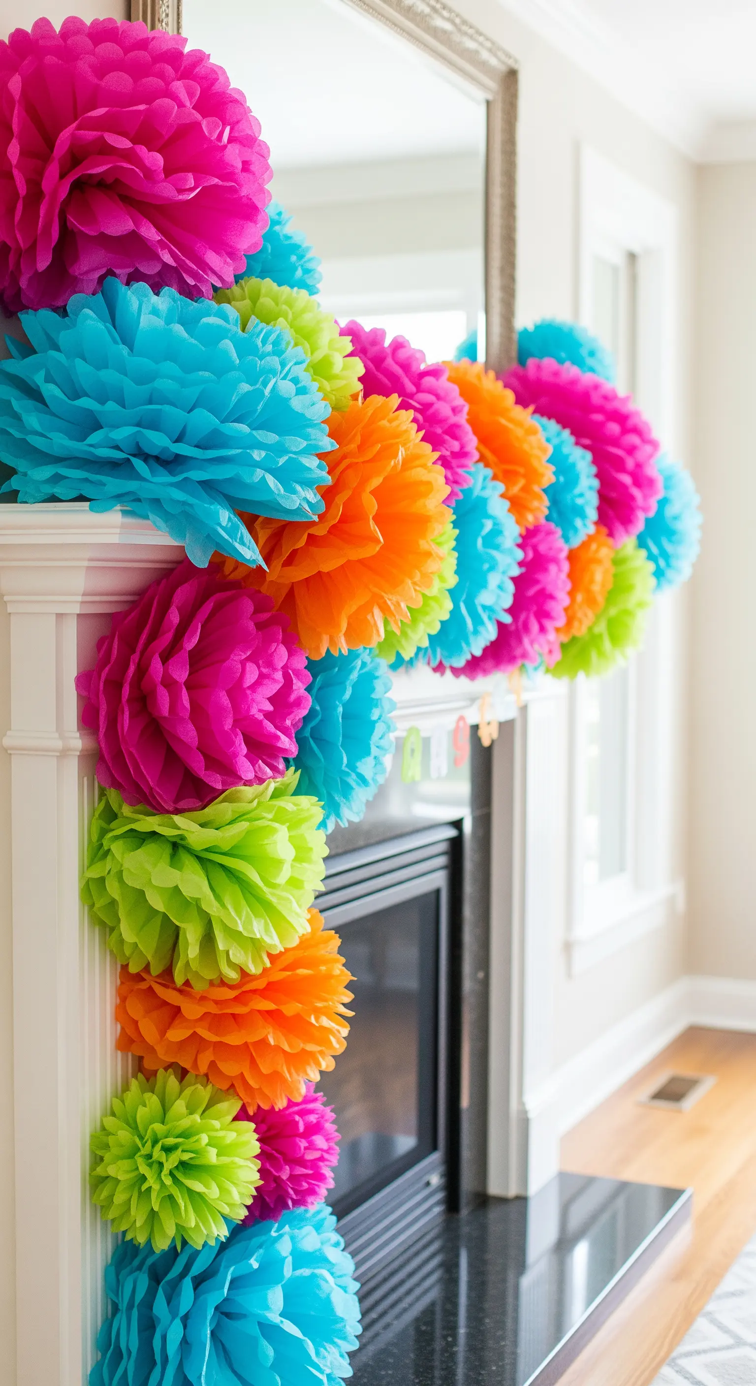 Üppige Girlande aus bunten Papier-Pompons, die einen Kamin umrahmt.