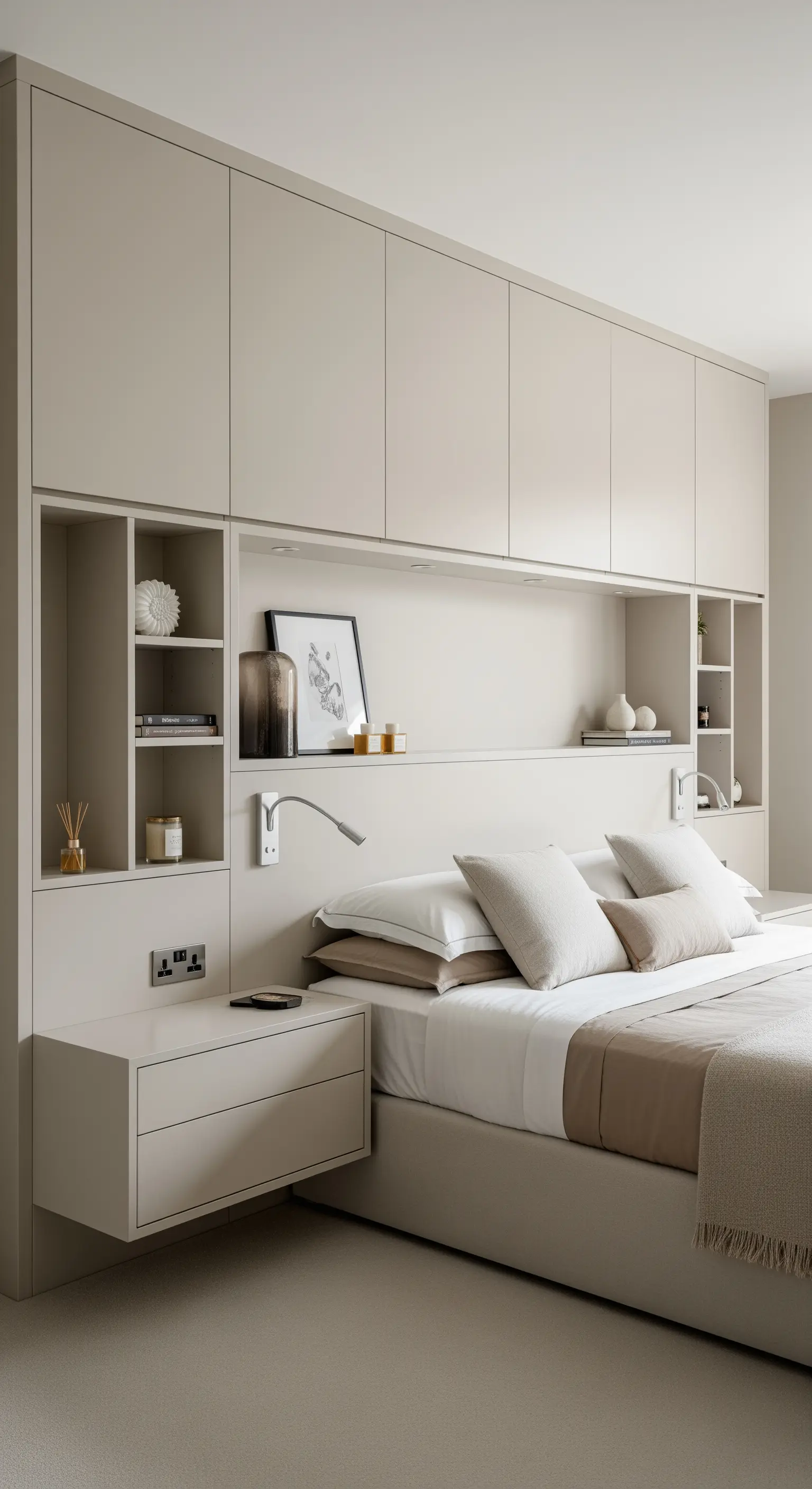 Modernes Schlafzimmer mit einer beigen Einbau-Bettnische mit integrierten Regalen und Schränken.