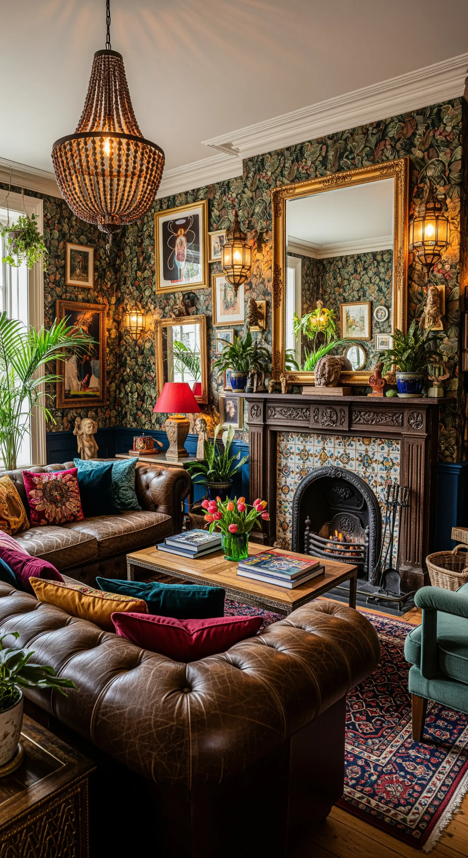 Maximalistisch eingerichtetes Wohnzimmer mit Mustertapete, Bilderwand und Ledersofa.