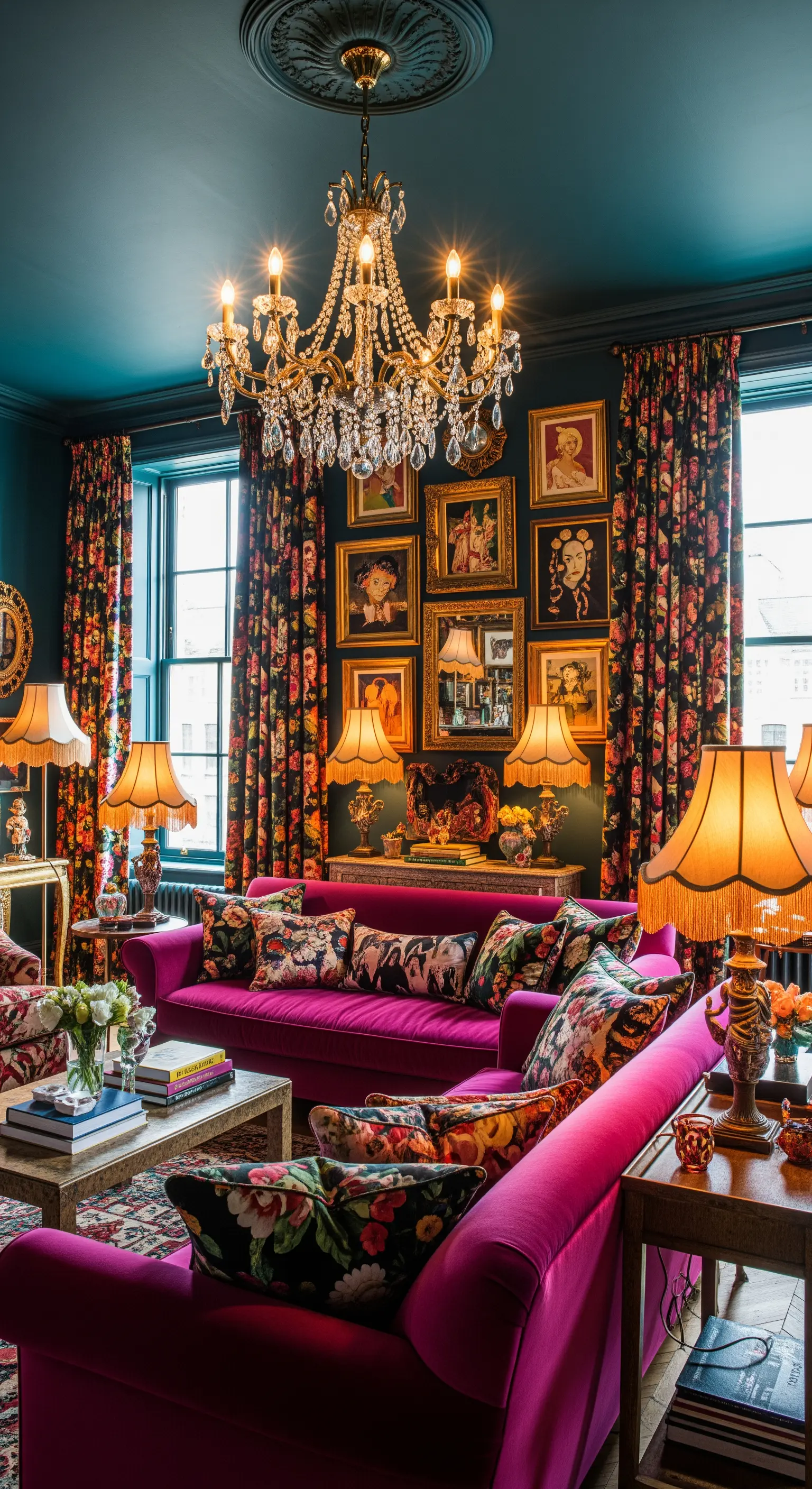 Maximalistisches Wohnzimmer mit geblümten Vorhängen, pinkem Sofa und dunklen Wänden.