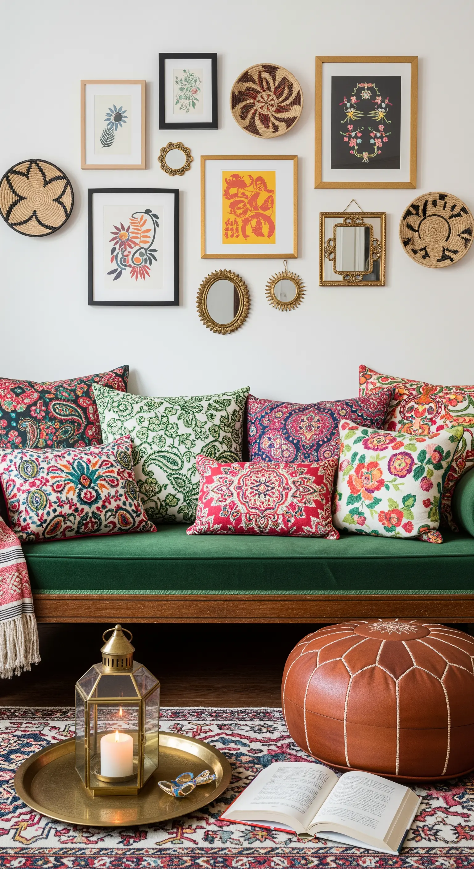 Farbenfrohe Leseecke mit grünem Sofa, vielen Mustern und einer eklektischen Gallery Wall.