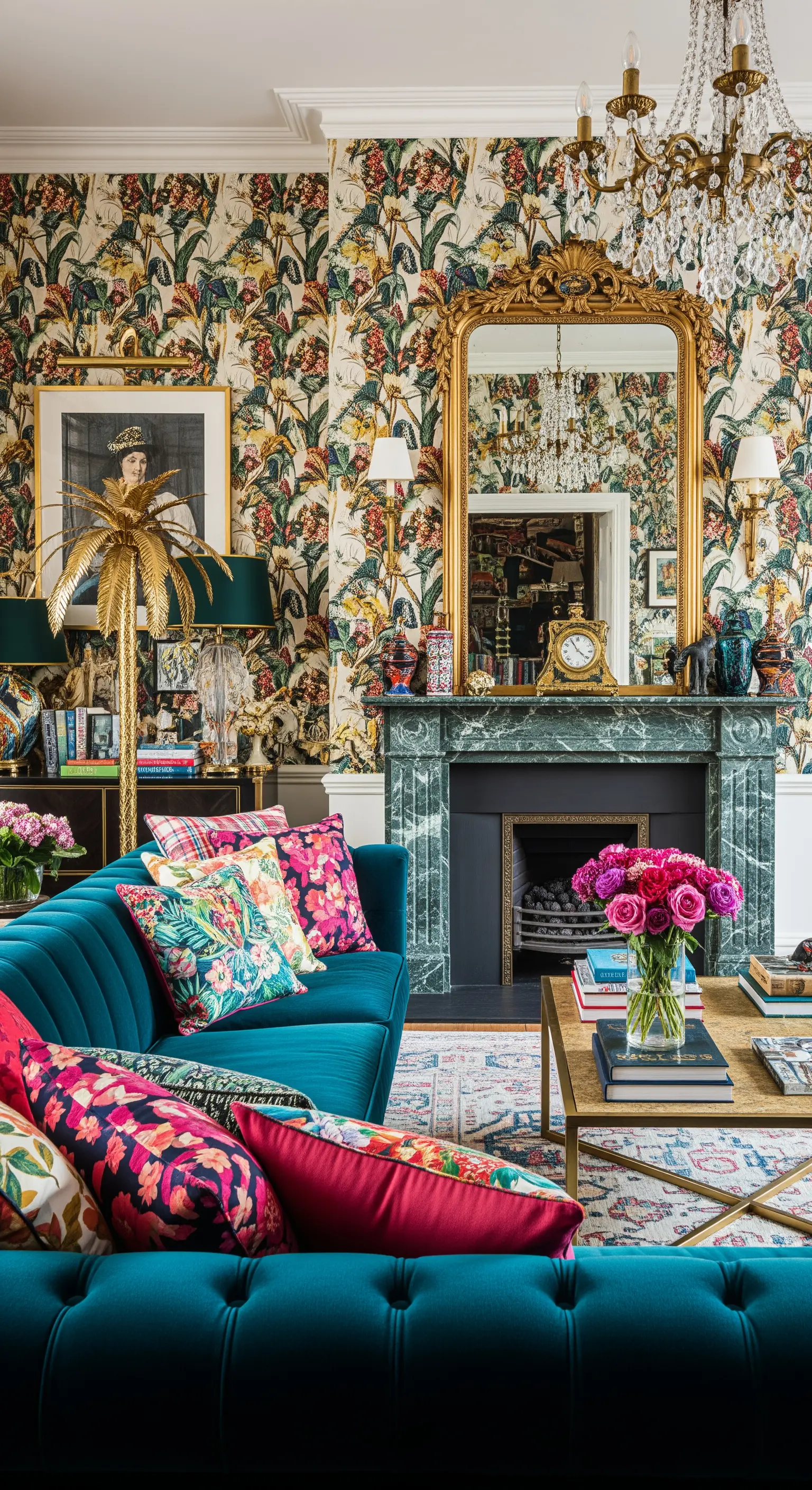 Maximalistisches Wohnzimmer mit tropischer Tapete, Samtsofa und Goldspiegel.