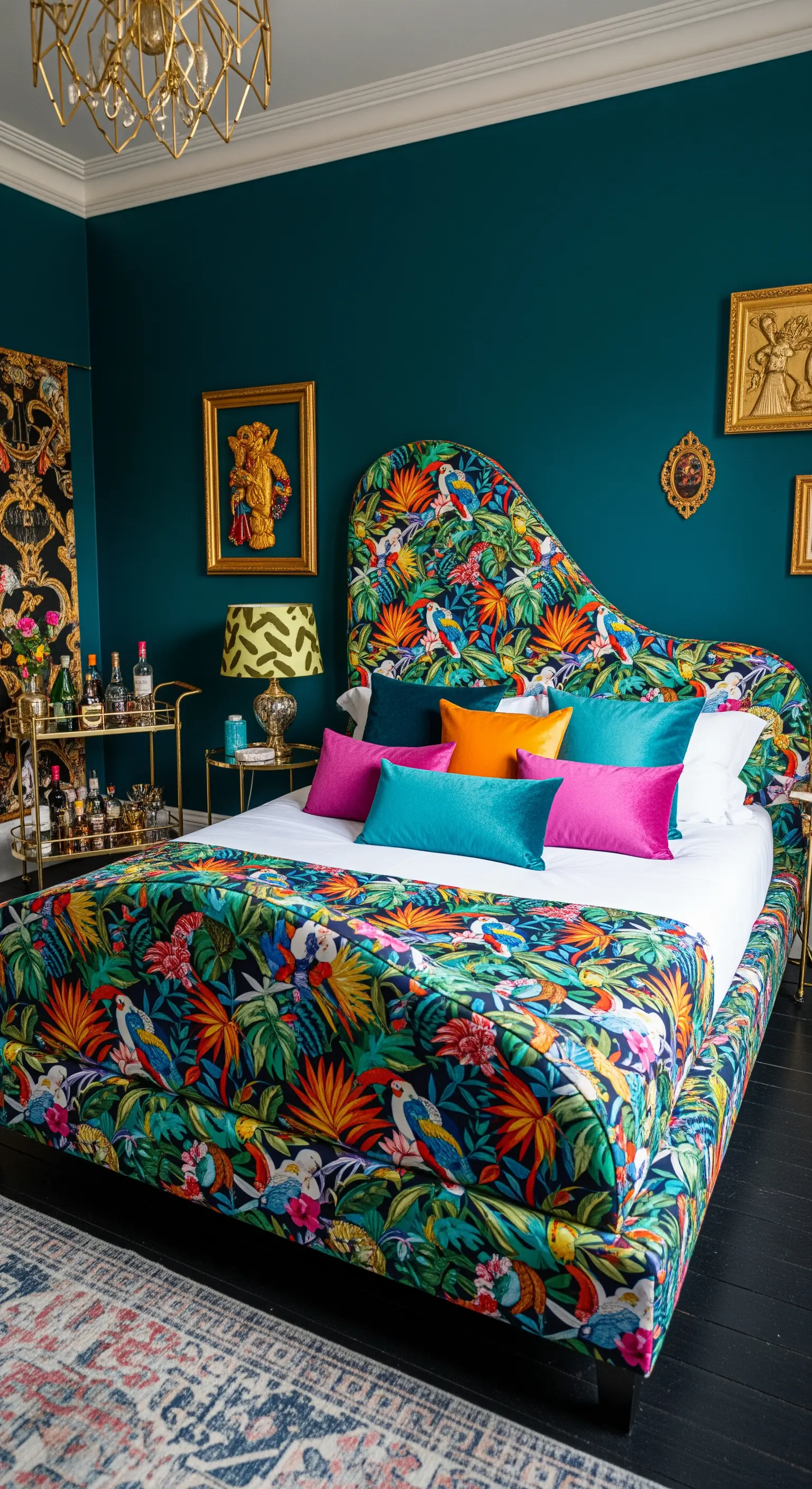 Farbenfrohes Bett mit tropischem Muster in einem dunkelgrünen Raum