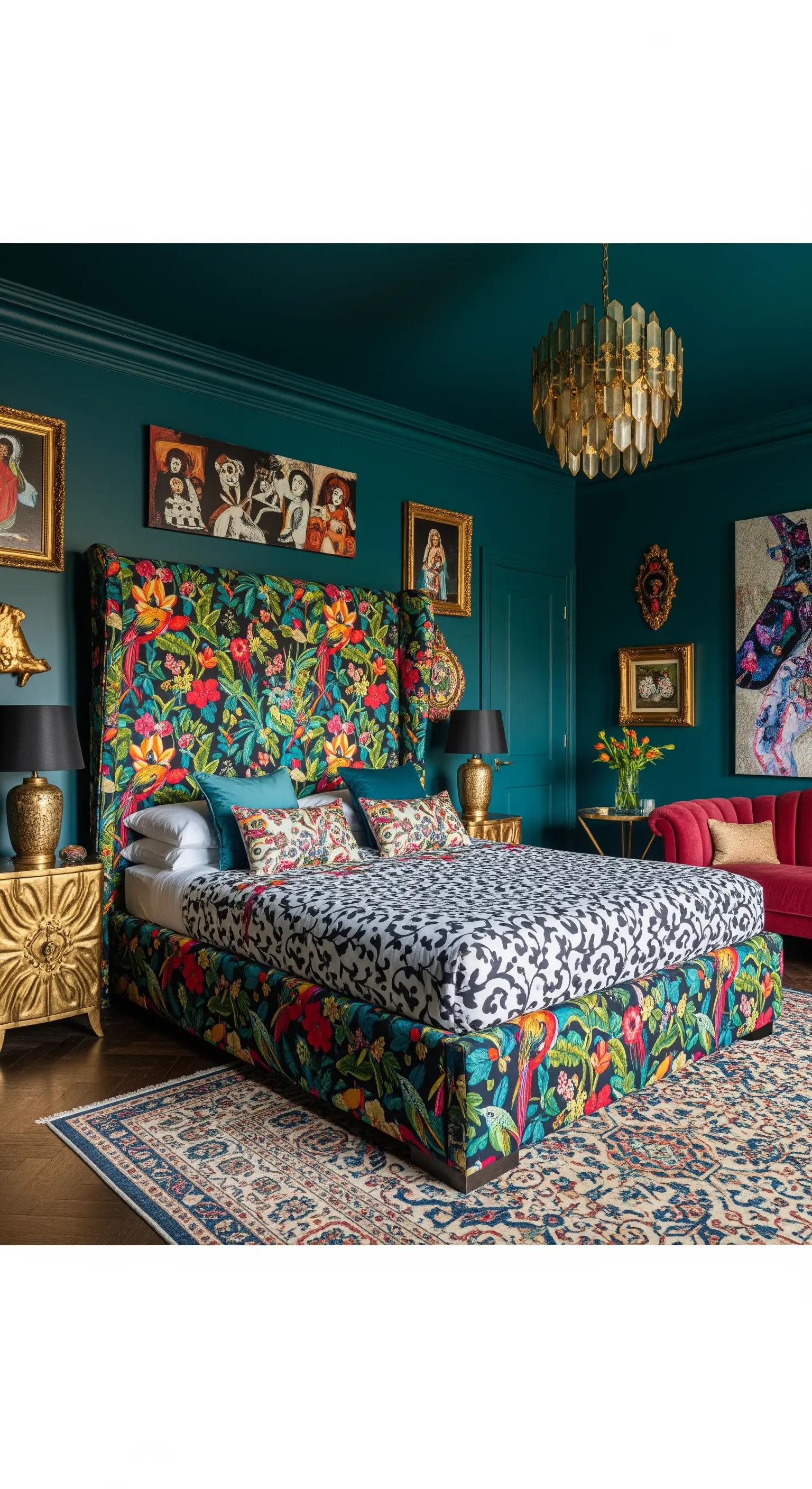 Hohes Kopfteil und Bettrahmen mit buntem, tropischem Blumenmuster in einem dunklen Raum