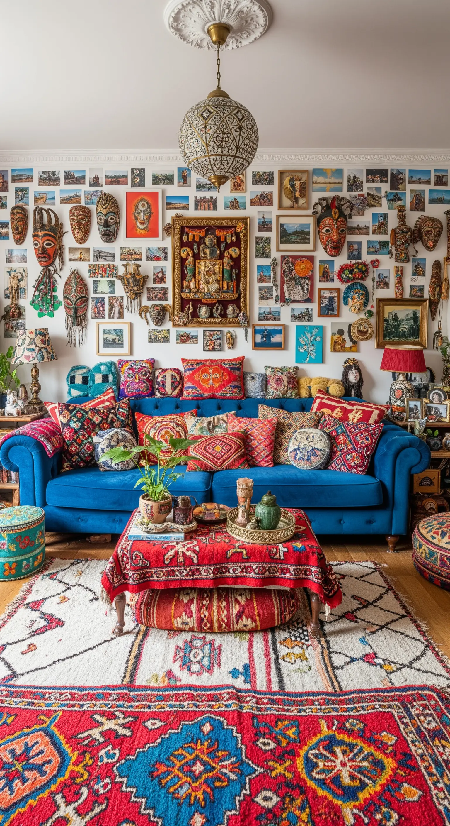 Maximalistisches Boho-Wohnzimmer mit einer Wand voller Bilder und Masken und einem blauen Sofa.