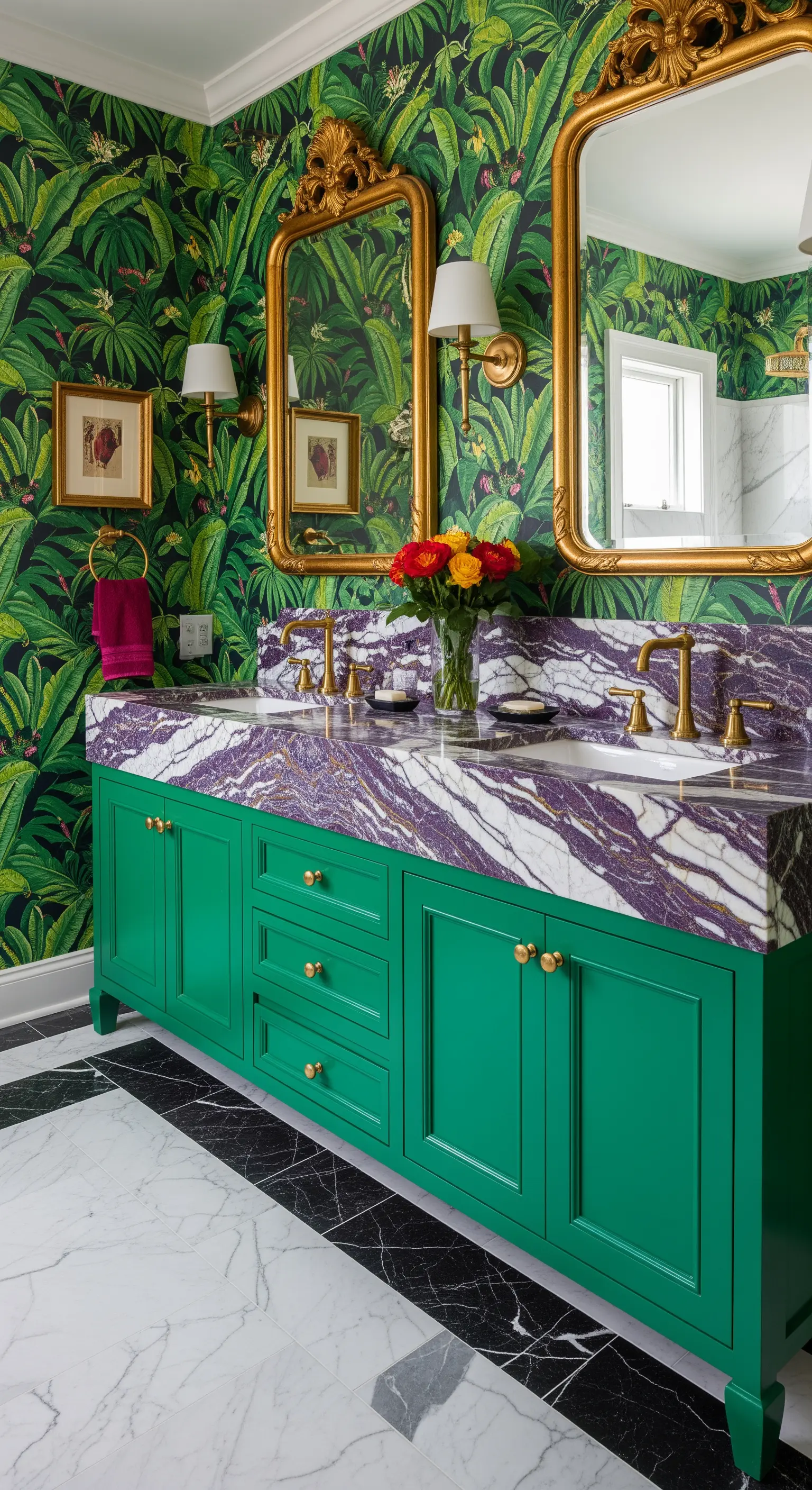 Farbenfrohes Badezimmer mit Dschungel-Tapete, lila Marmor und goldenen Spiegeln.