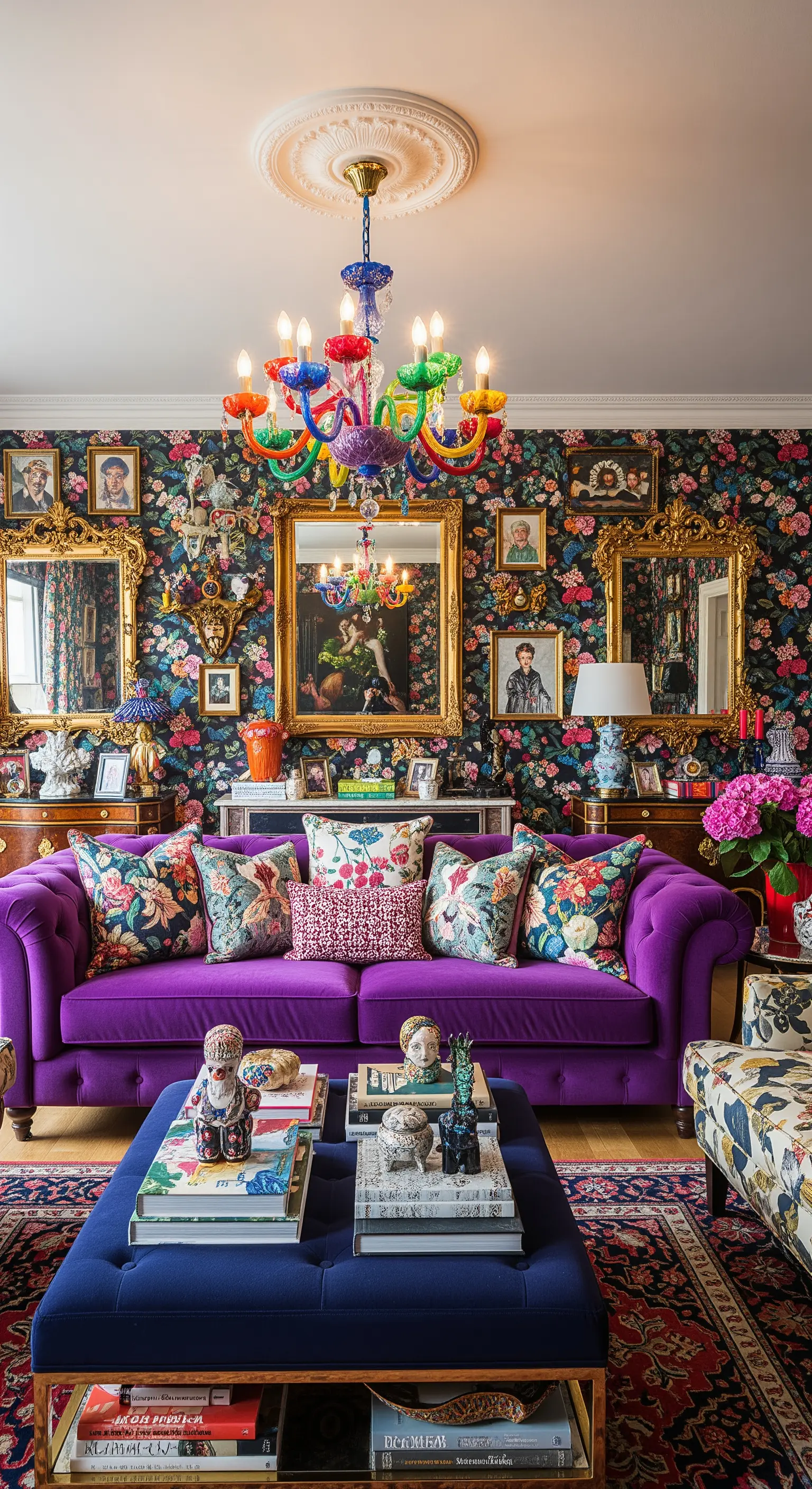 Üppiges Wohnzimmer mit lila Samtsofa, floraler Tapete und vielen goldenen Bilderrahmen.