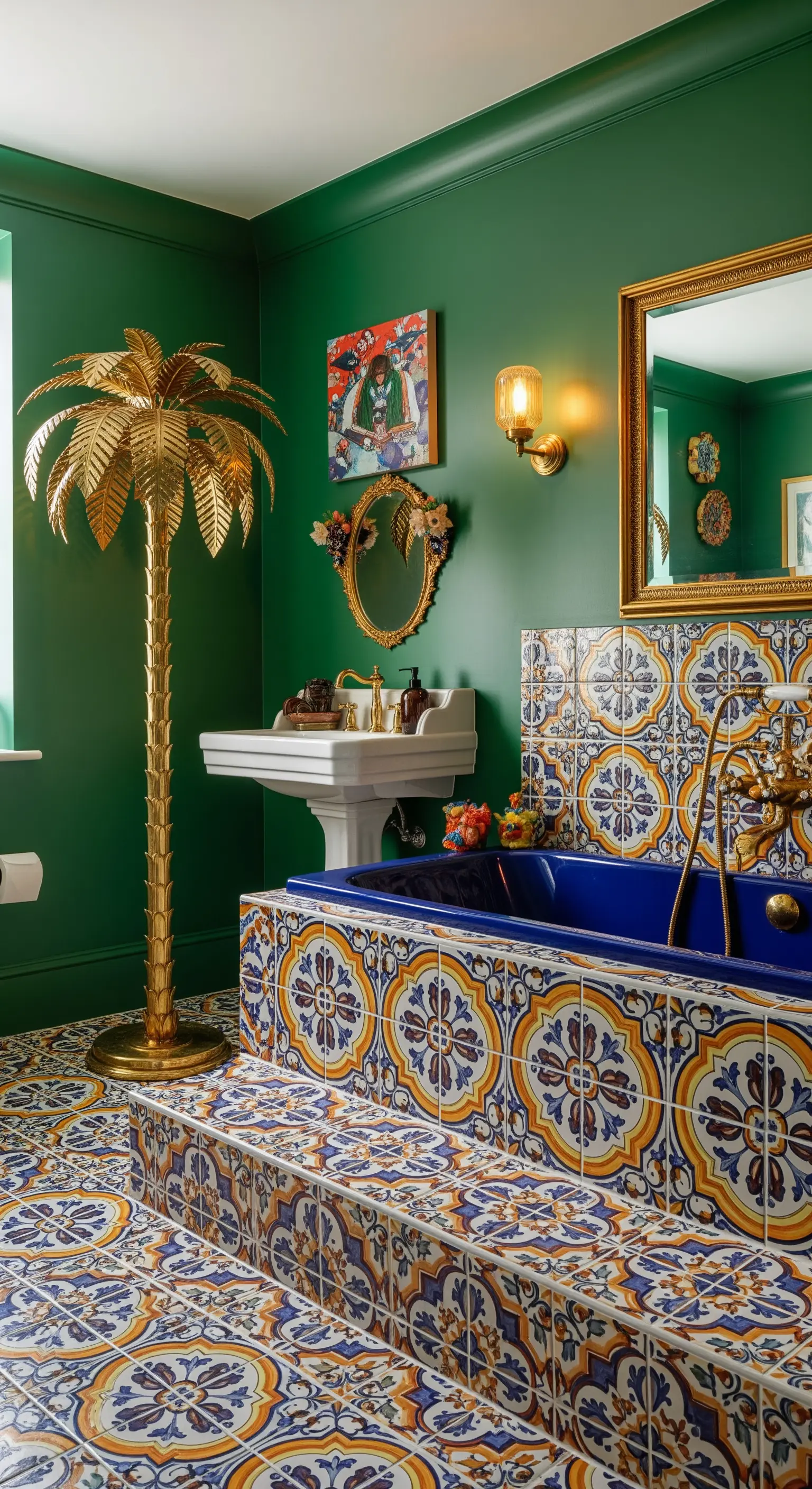 Farbenfrohes Bad mit gemustertem Fliesen-Podest, blauer Wanne und grünen Wänden