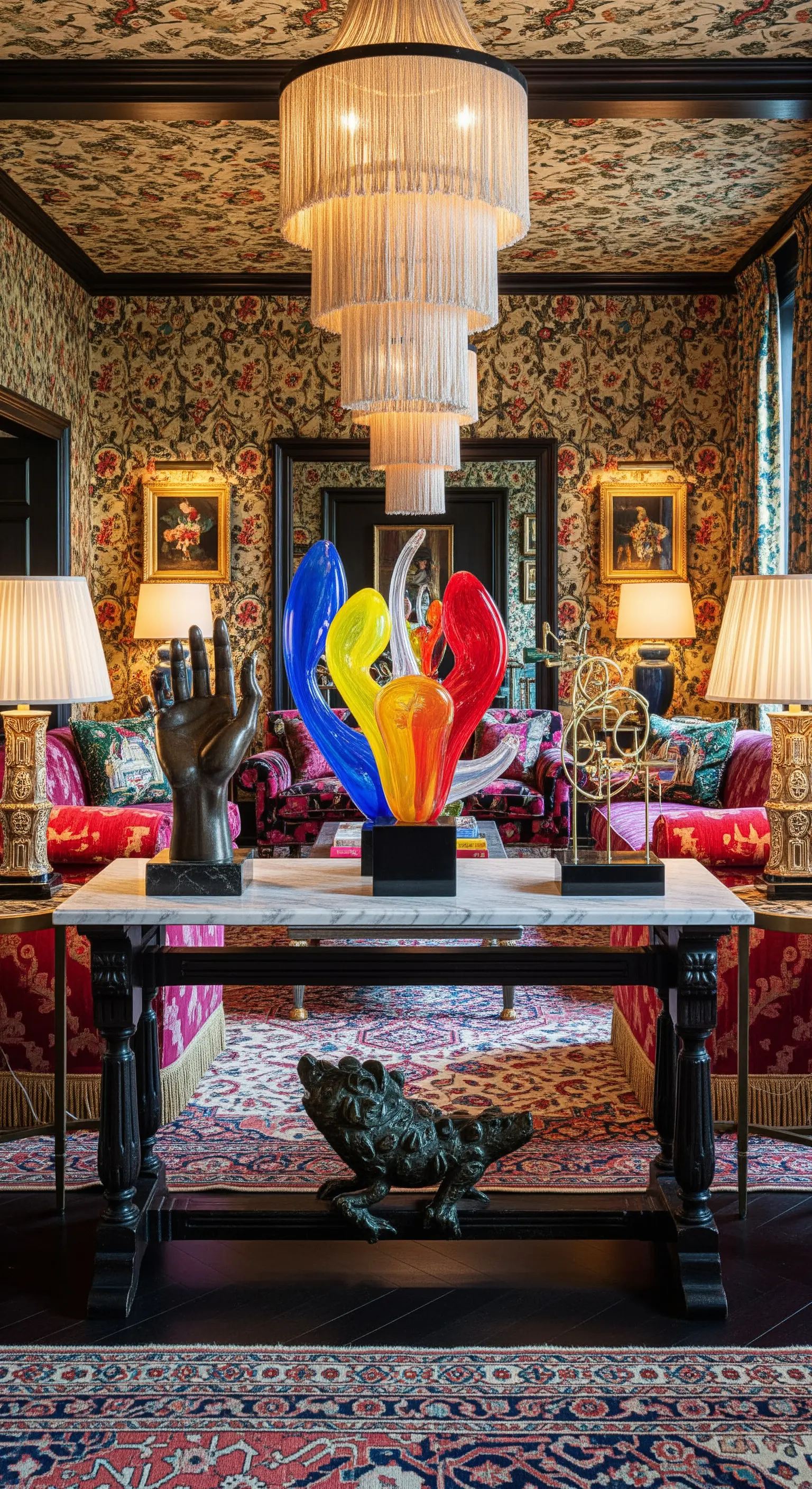 Bunte Glasskulpturen auf einem Konsolentisch in einem opulenten, maximalistischen Wohnzimmer.