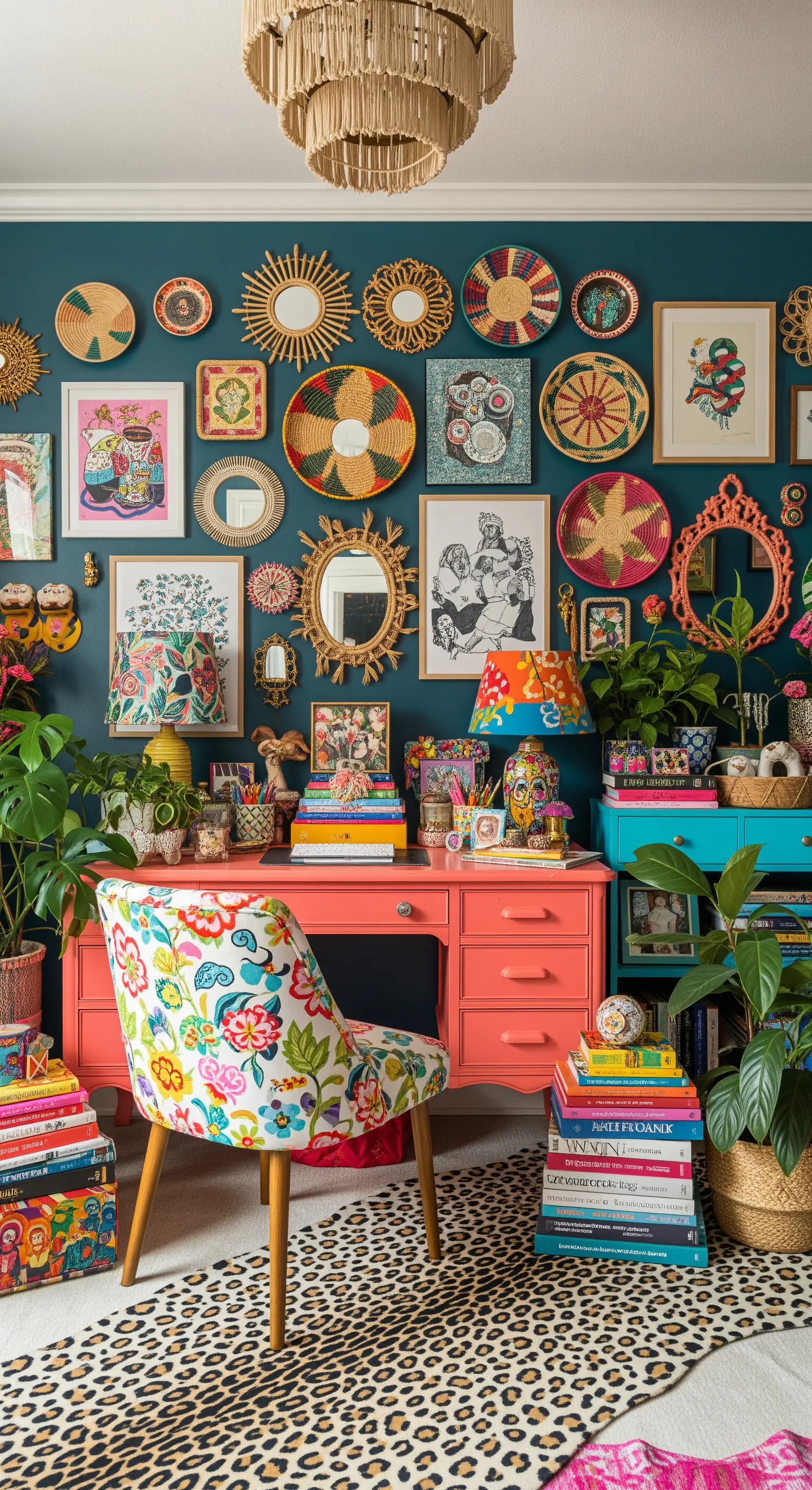 Farbenfrohes, maximalistisches Homeoffice mit bunter Galeriewand und korallfarbenem Schreibtisch.