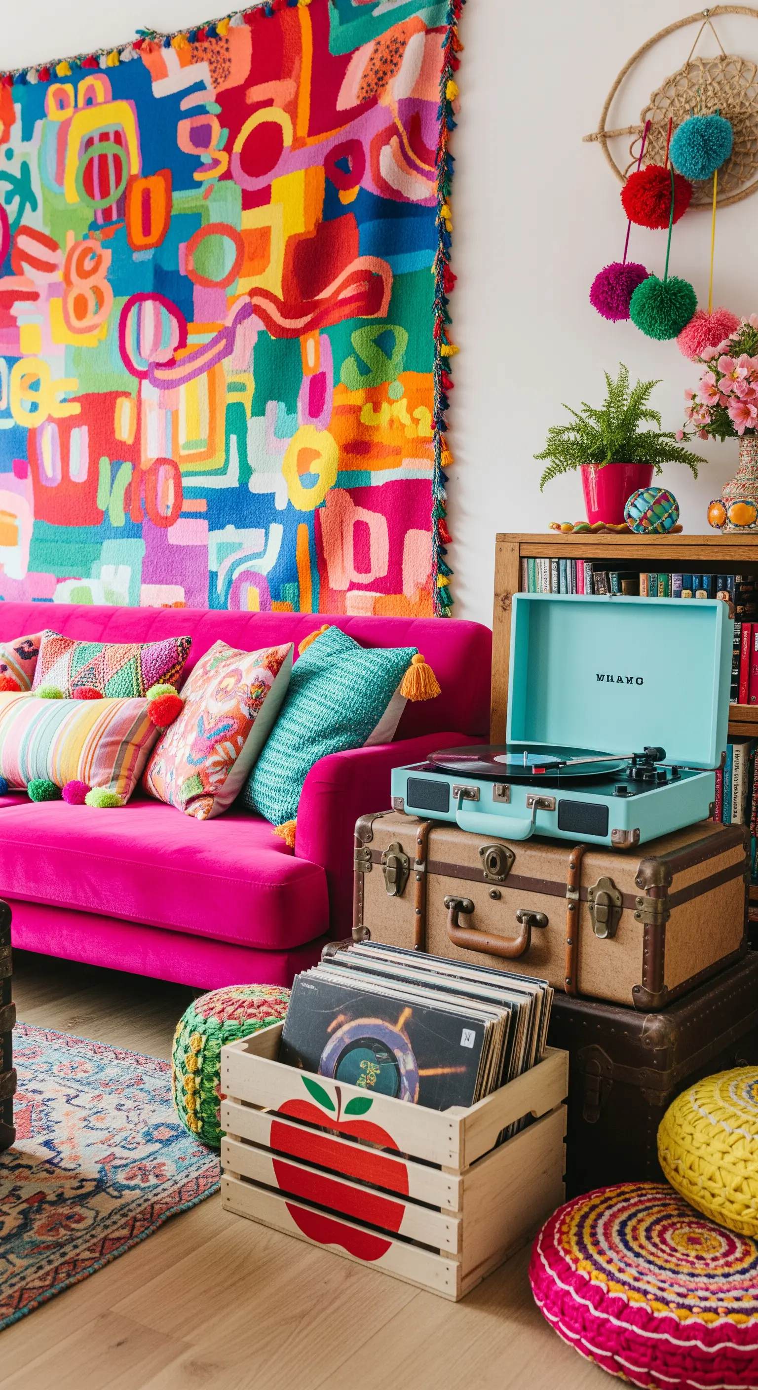 Farbenfrohes, maximalistisches Wohnzimmer mit pinkem Sofa und buntem Wandteppich