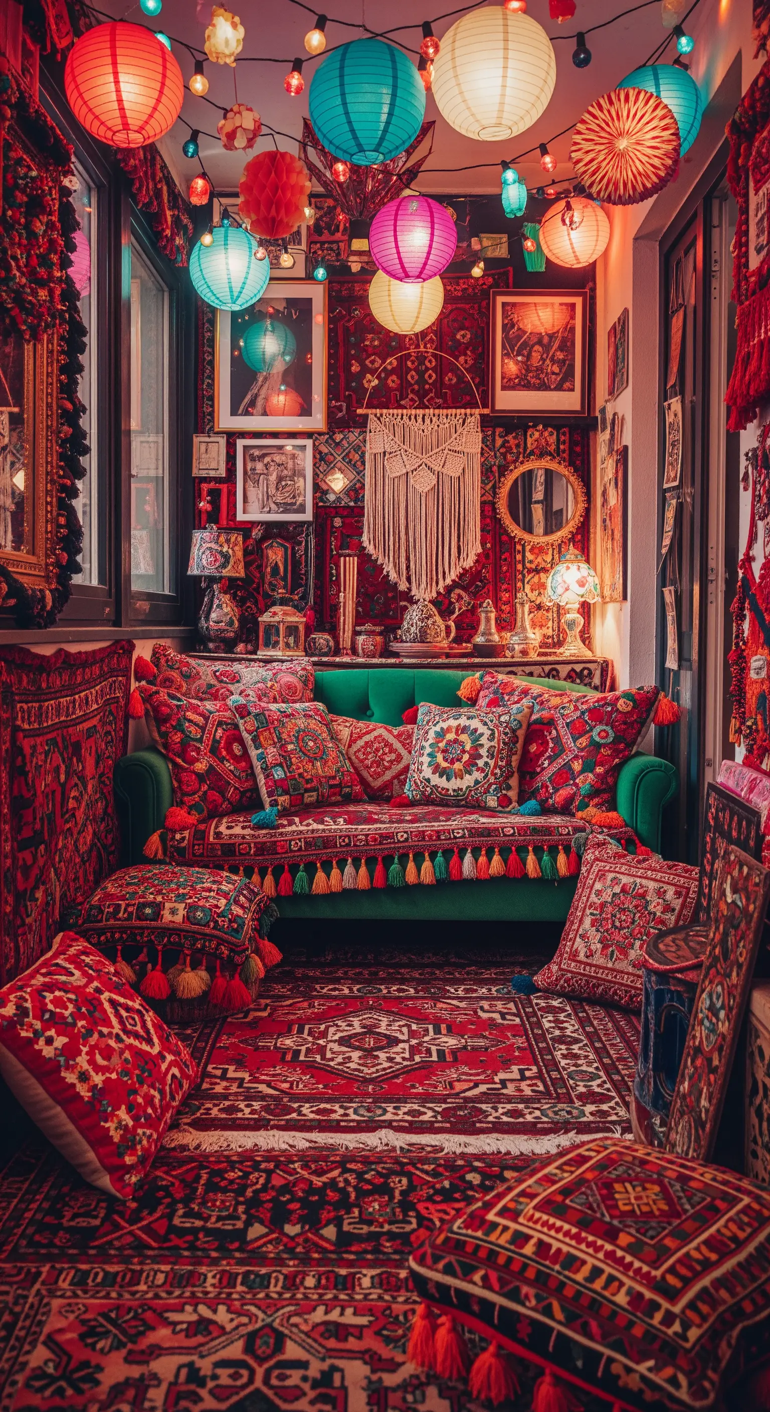 Farbenfroher, maximalistischer Balkon mit vielen Teppichen, Mustern und bunten Lampions
