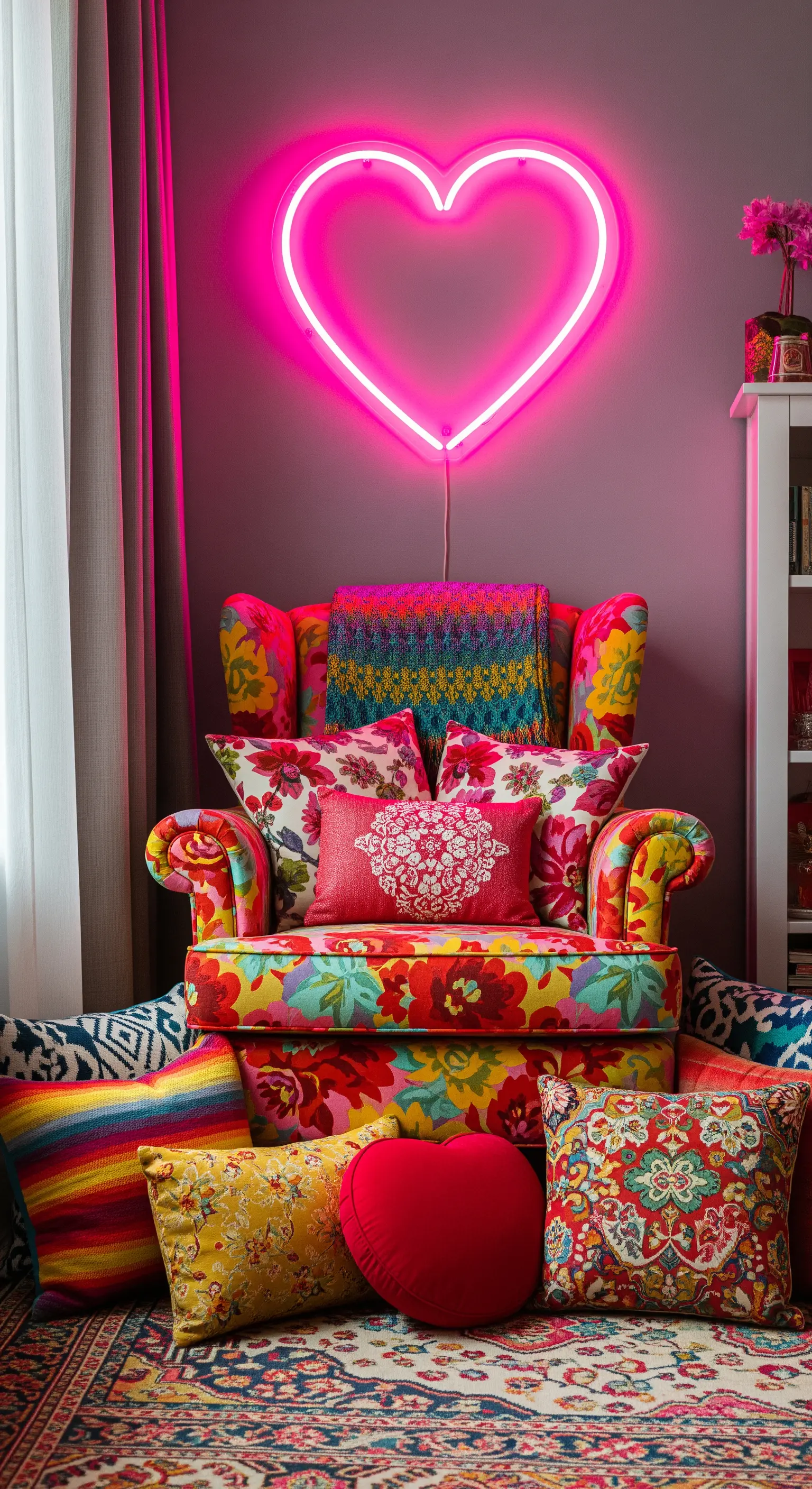 Bunter, floral gemusterter Sessel mit vielen gemusterten Kissen und einem pinken Neon-Herz.