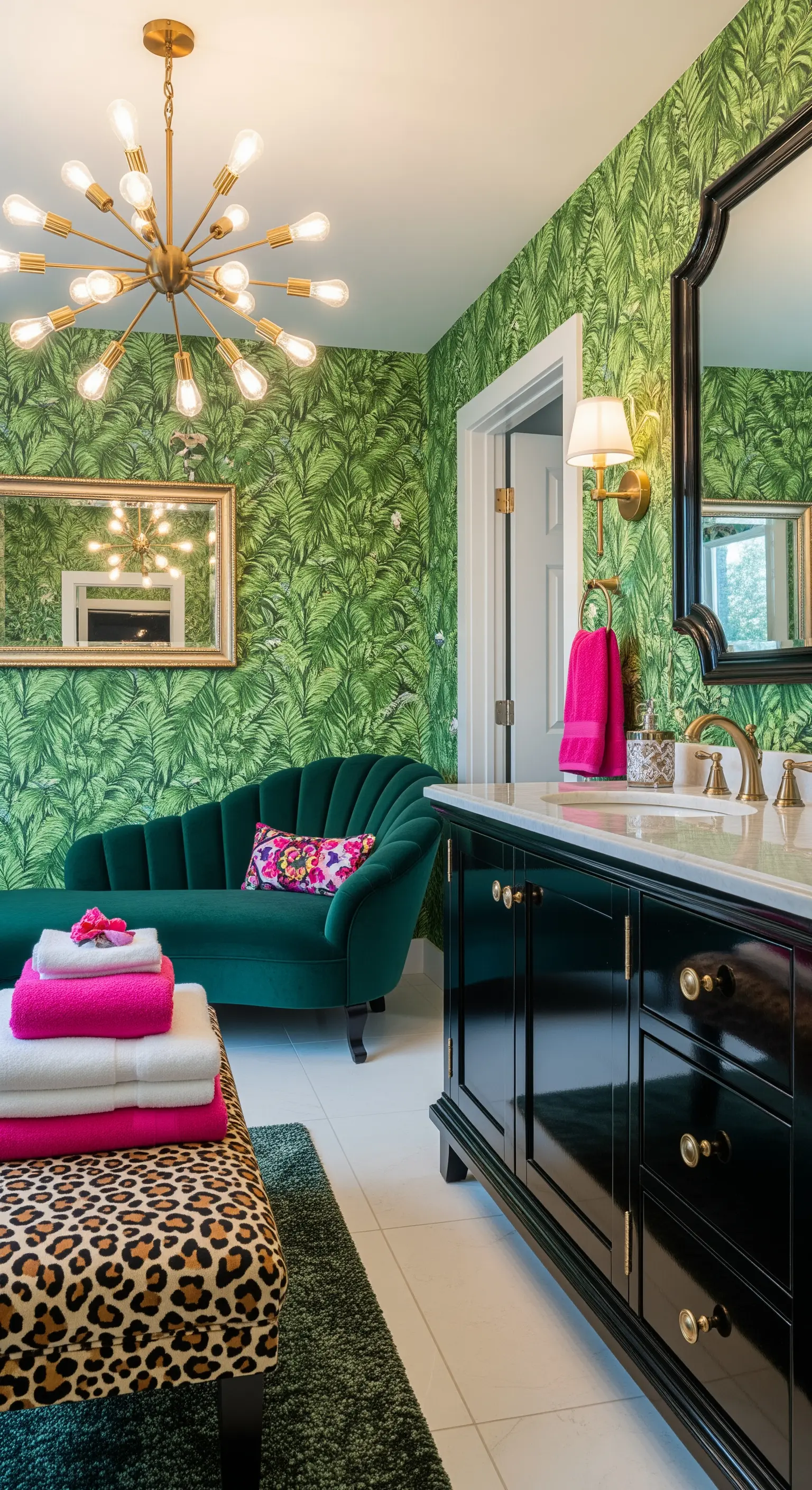 Ekletisches Badezimmer mit tropischer Tapete, grüner Chaiselongue und Leopardenhocker.
