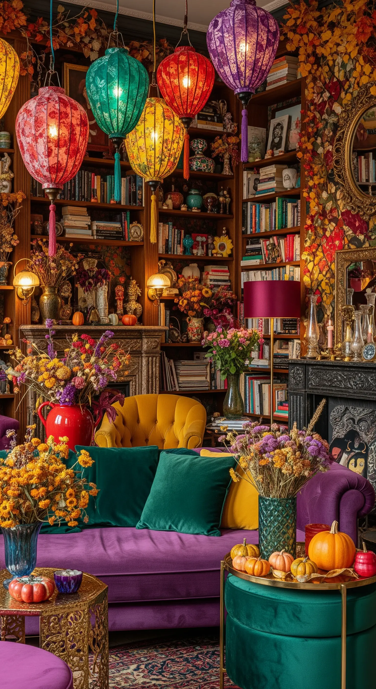 Maximalistisches Wohnzimmer mit bunten Lampions, Juwelentönen und Herbstblumen
