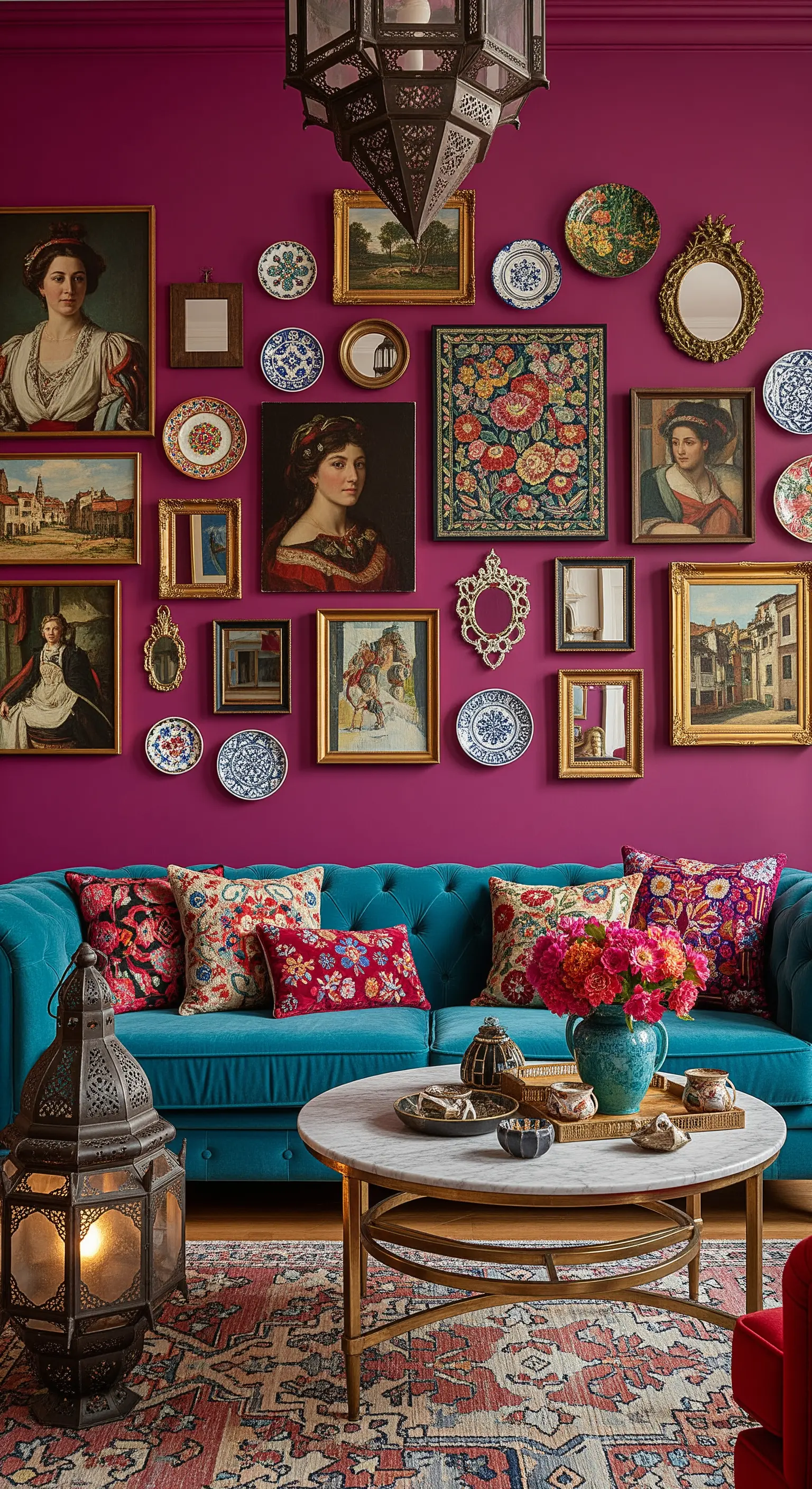 Eine eklektische Galeriewand mit Gemälden, Tellern und Spiegeln vor einer magentafarbenen Wand.