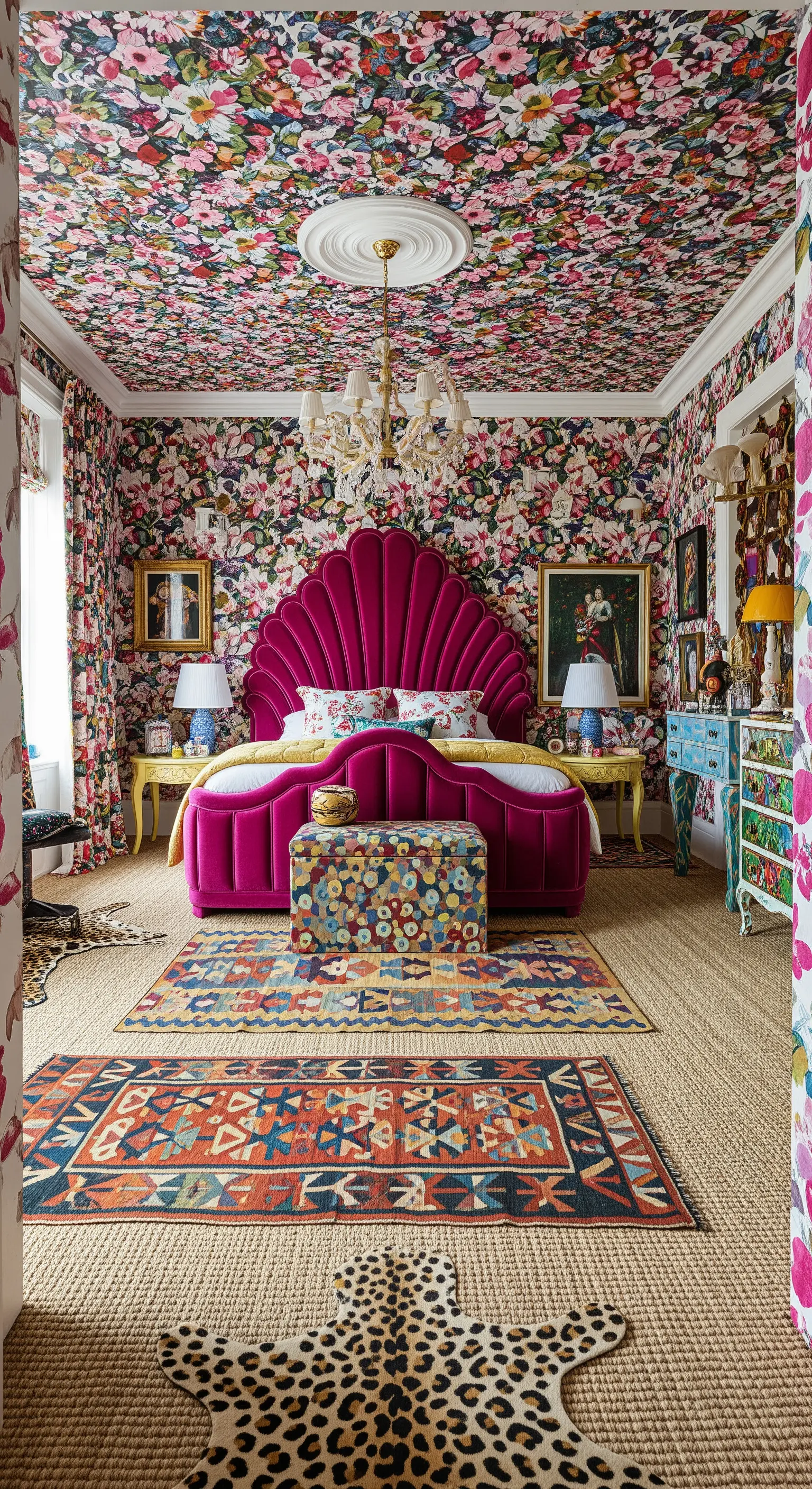 Maximalistisches Schlafzimmer mit floraler Tapete, Kelim und Leopardenfell-Teppich auf Sisal-Basis