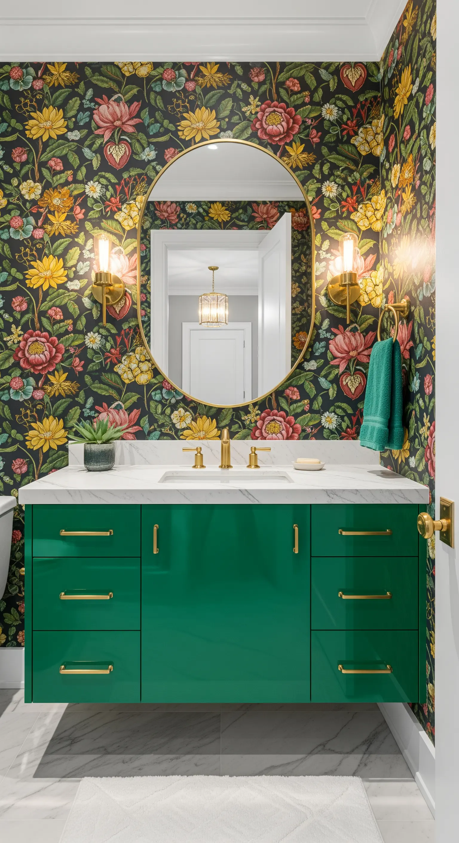 Smaragdgrüner Waschtisch vor einer opulenten Blumentapete mit Goldakzenten.