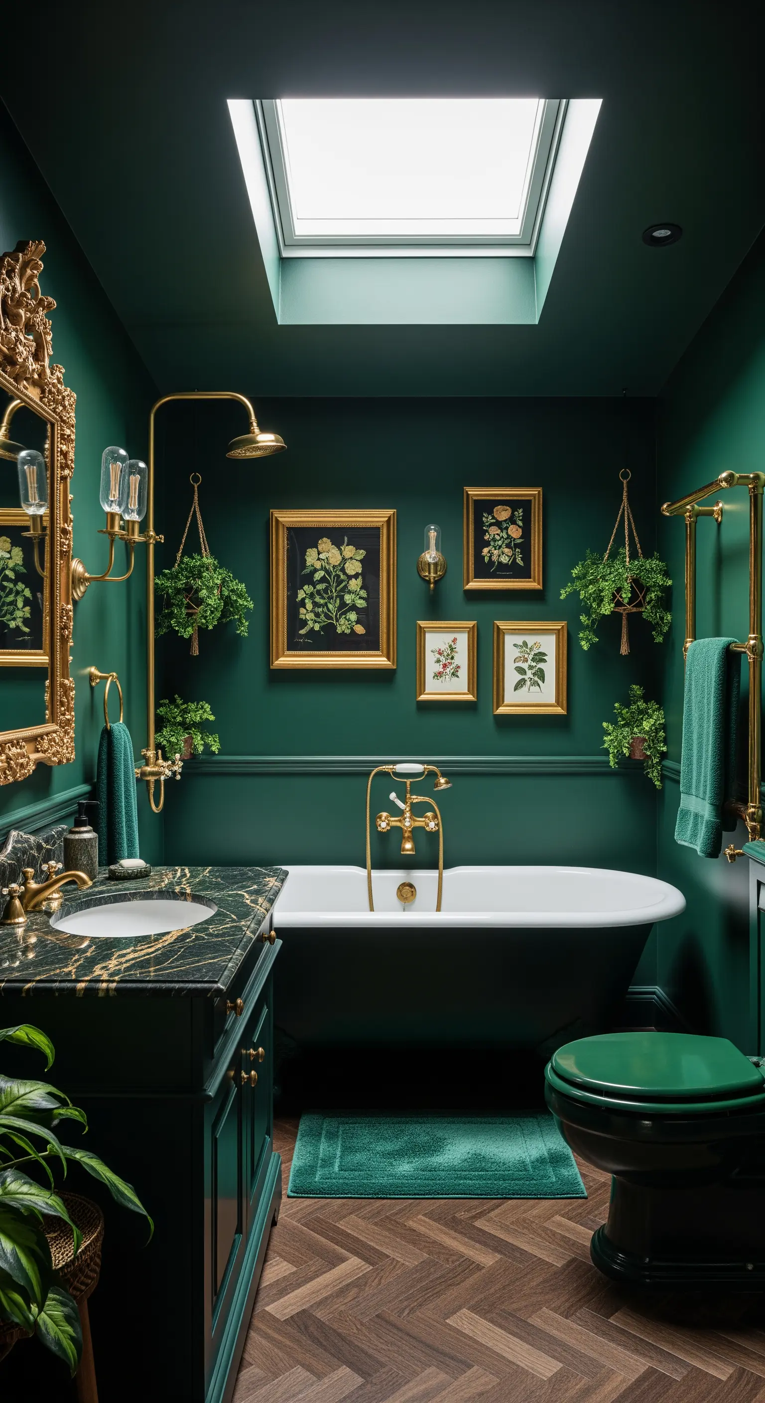 Smaragdgrünes Badezimmer mit goldenen Akzenten, Kunstwerken und einer freistehenden Wanne.