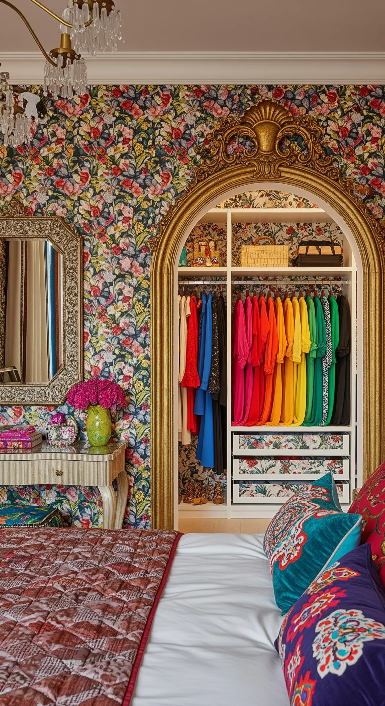 Maximalistisches Schlafzimmer mit bunter Blumentapete und einem goldenen Bogen als Schrankeingang