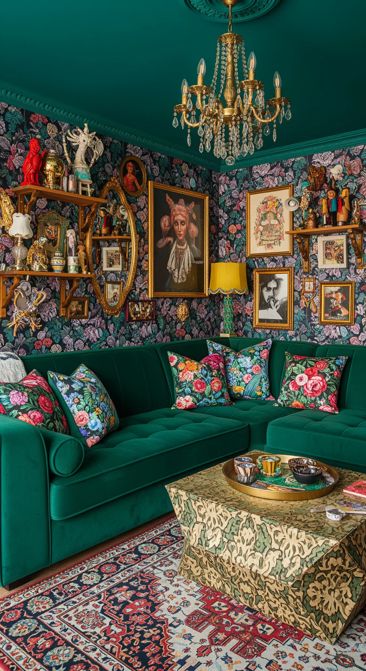 Smaragdgrünes Samtsofa in einem maximalistisch eingerichteten Wohnzimmer mit floraler Tapete und viel Kunst.