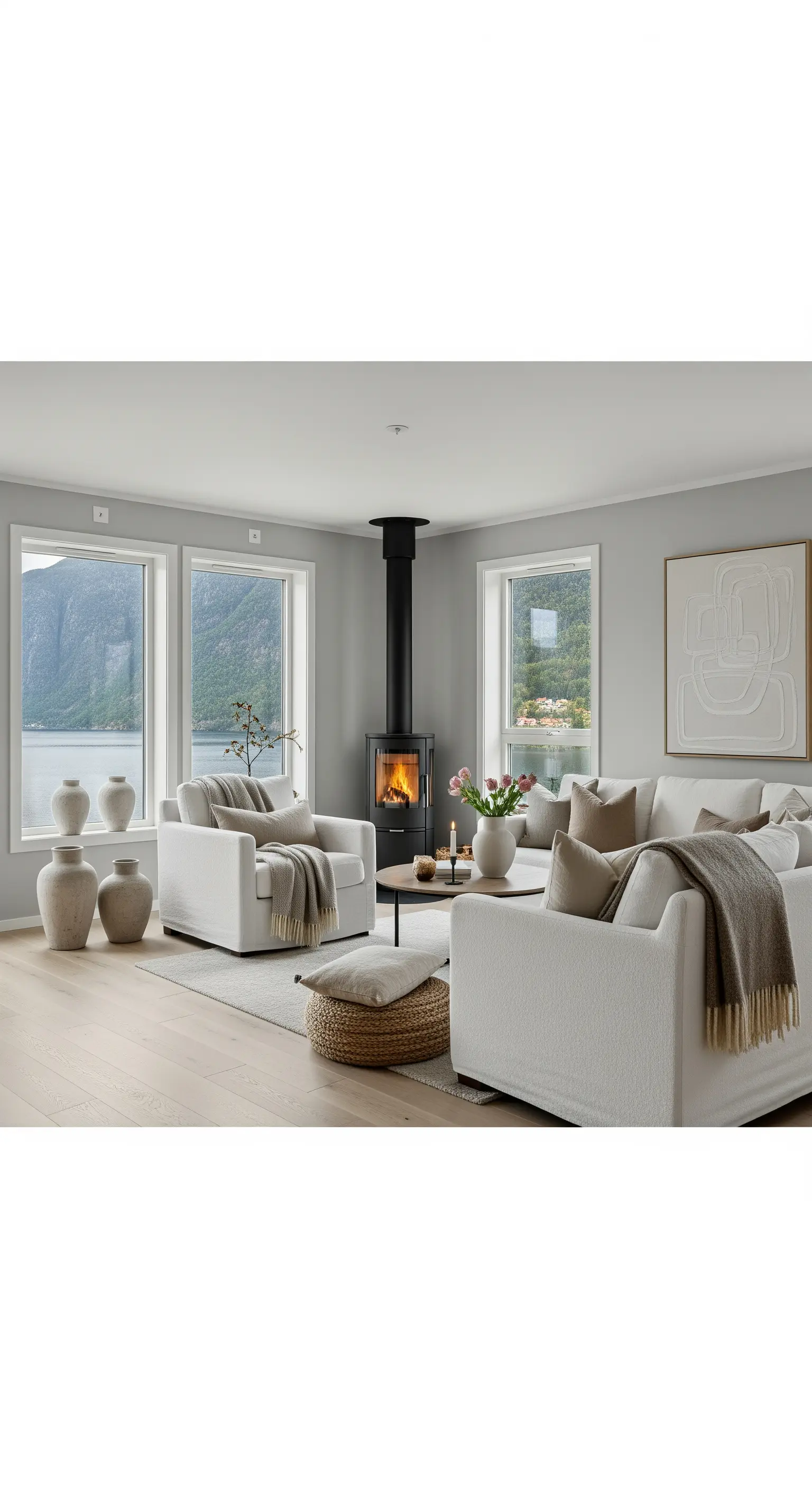 Helles, skandinavisches Wohnzimmer mit Blick auf einen Fjord, weißen Sofas und Keramikvasen.