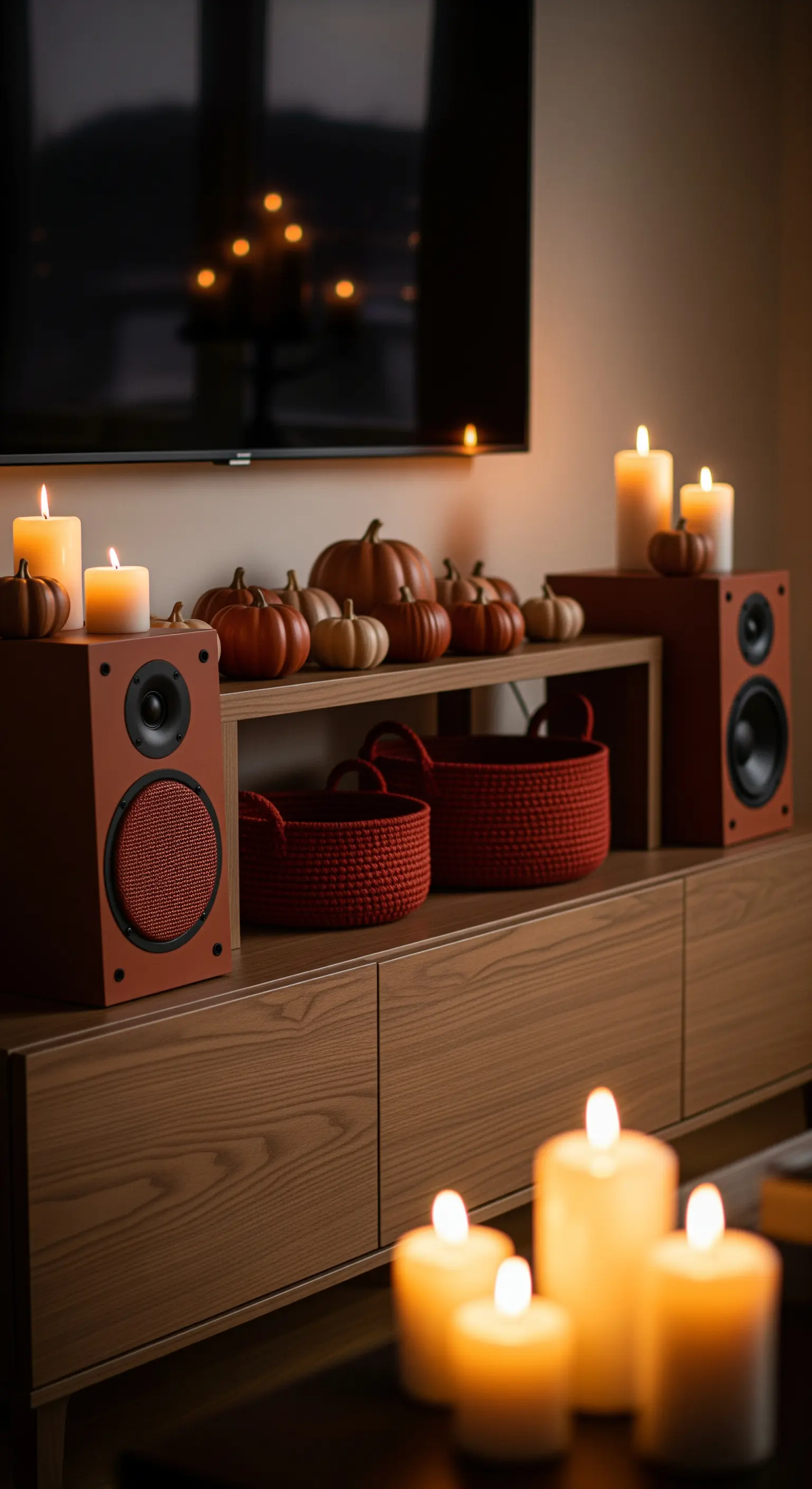 Media-Möbel mit Kürbissen, Kerzen und Lautsprechern in Rostrot