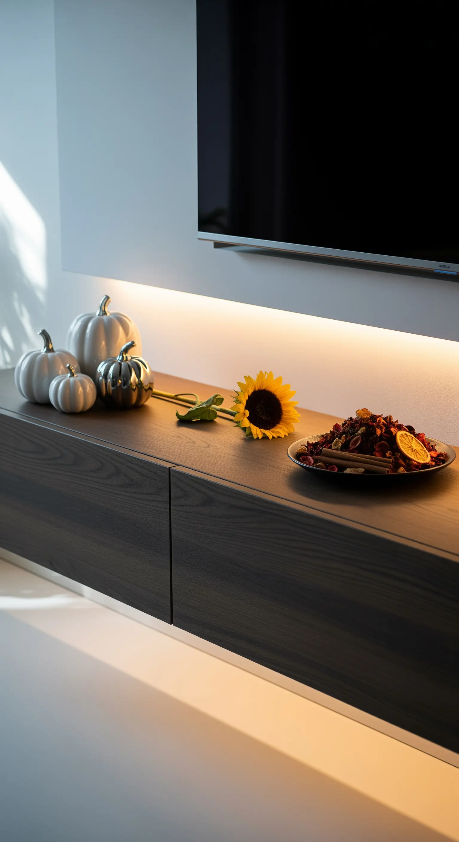 Mediamöbel mit weißen Kürbissen, Sonnenblume, Potpourri.