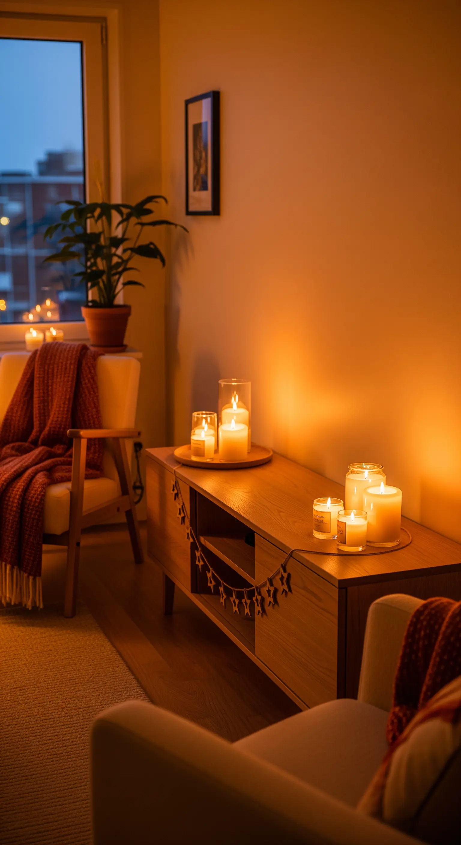 Medienkonsole mit Kerzen, Sternen-Girlande, Sessel und Decke.