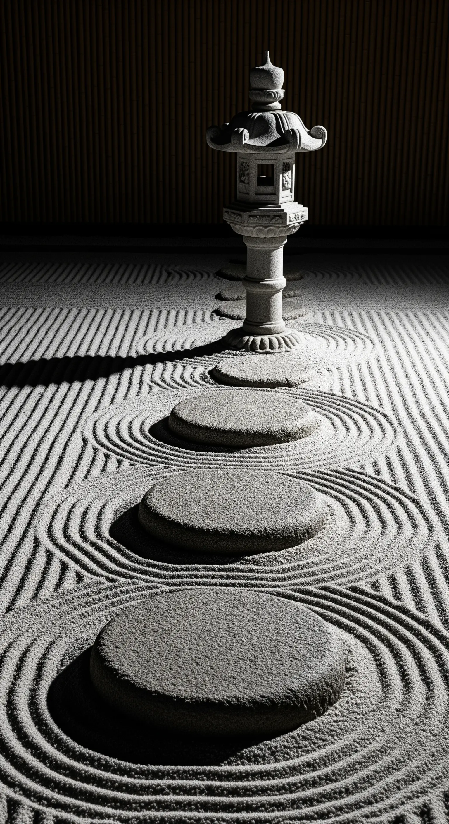 Zen-Garten mit geharktem Sand, runden Trittsteinen und einer einzelnen, beleuchteten Steinlaterne.